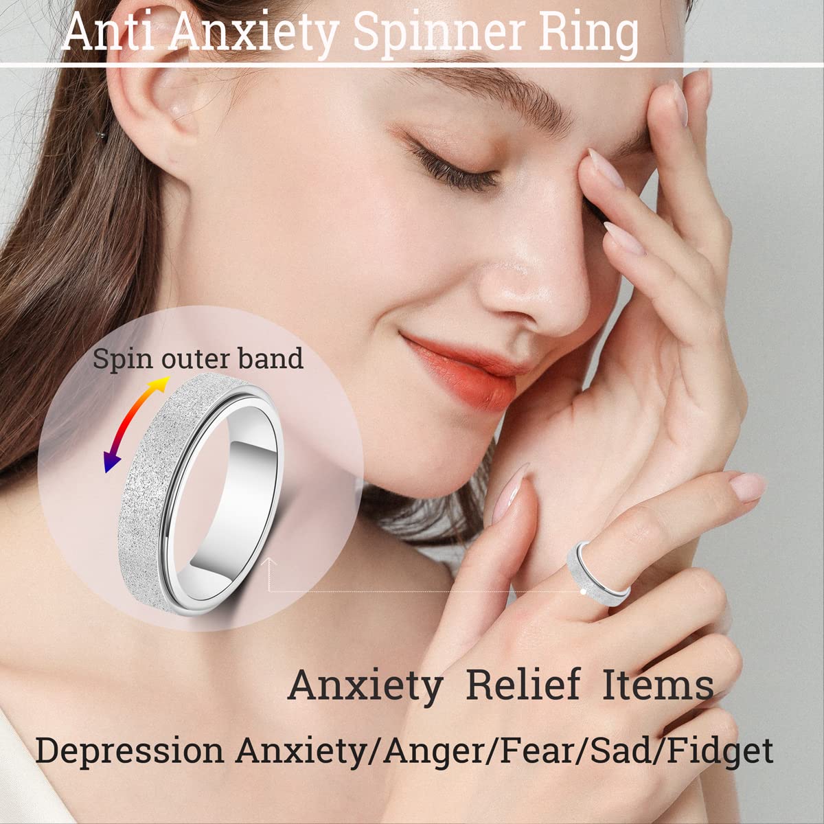 OreilleStar Anxiety Ring for Women Men Fidget Toys Adults Spinner Ring Titanium Stainless Steel 6mm Wide Size 9 Silver Band Ring Hand Polished