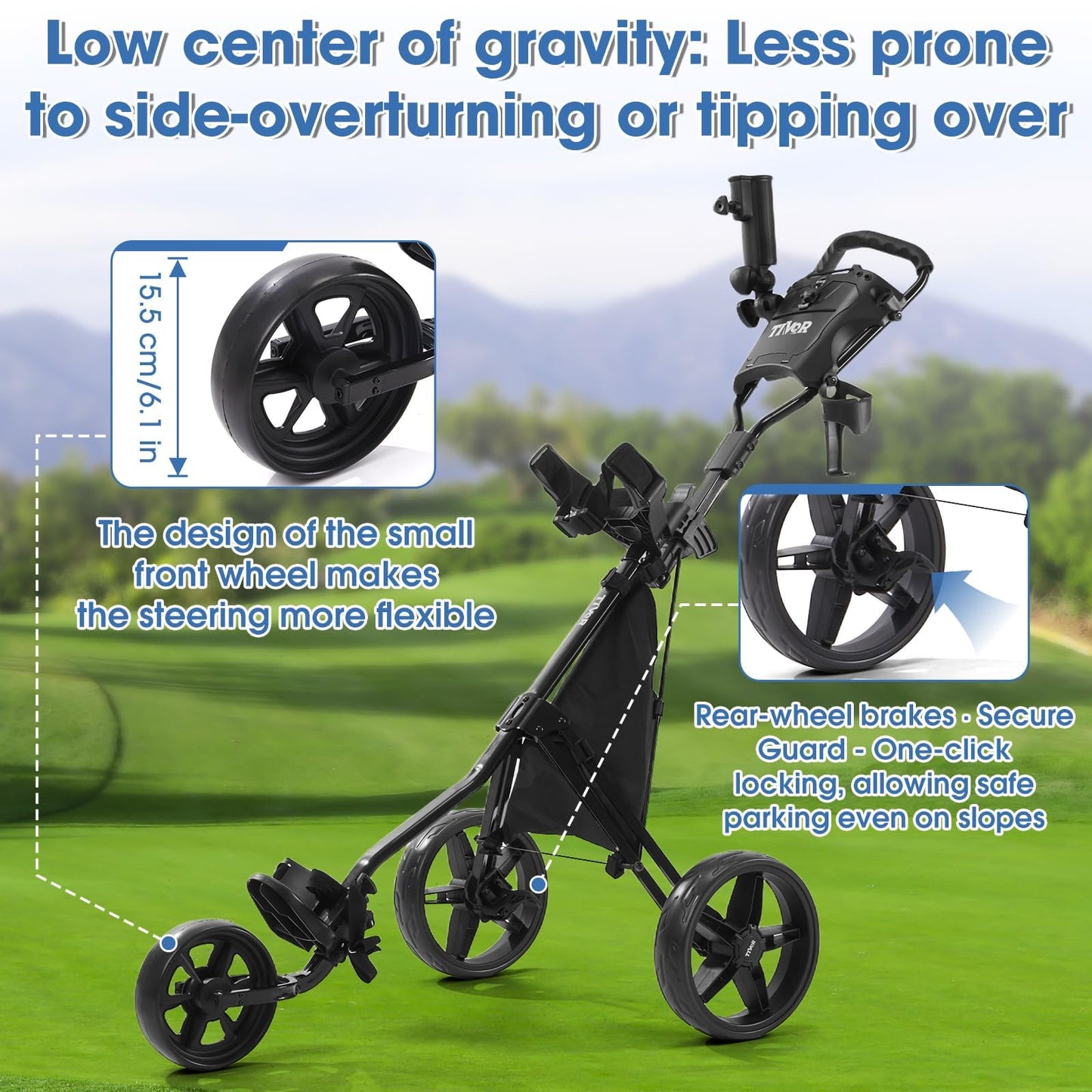 3 Wheel Golf Push Cart,Lightweight Golf Pull Cart with Quad-Fold Frame,and Cleaning Kit Golf,Cooler Bag,Cup/Phone/Umbrella Holder Compact Golf cart-blue