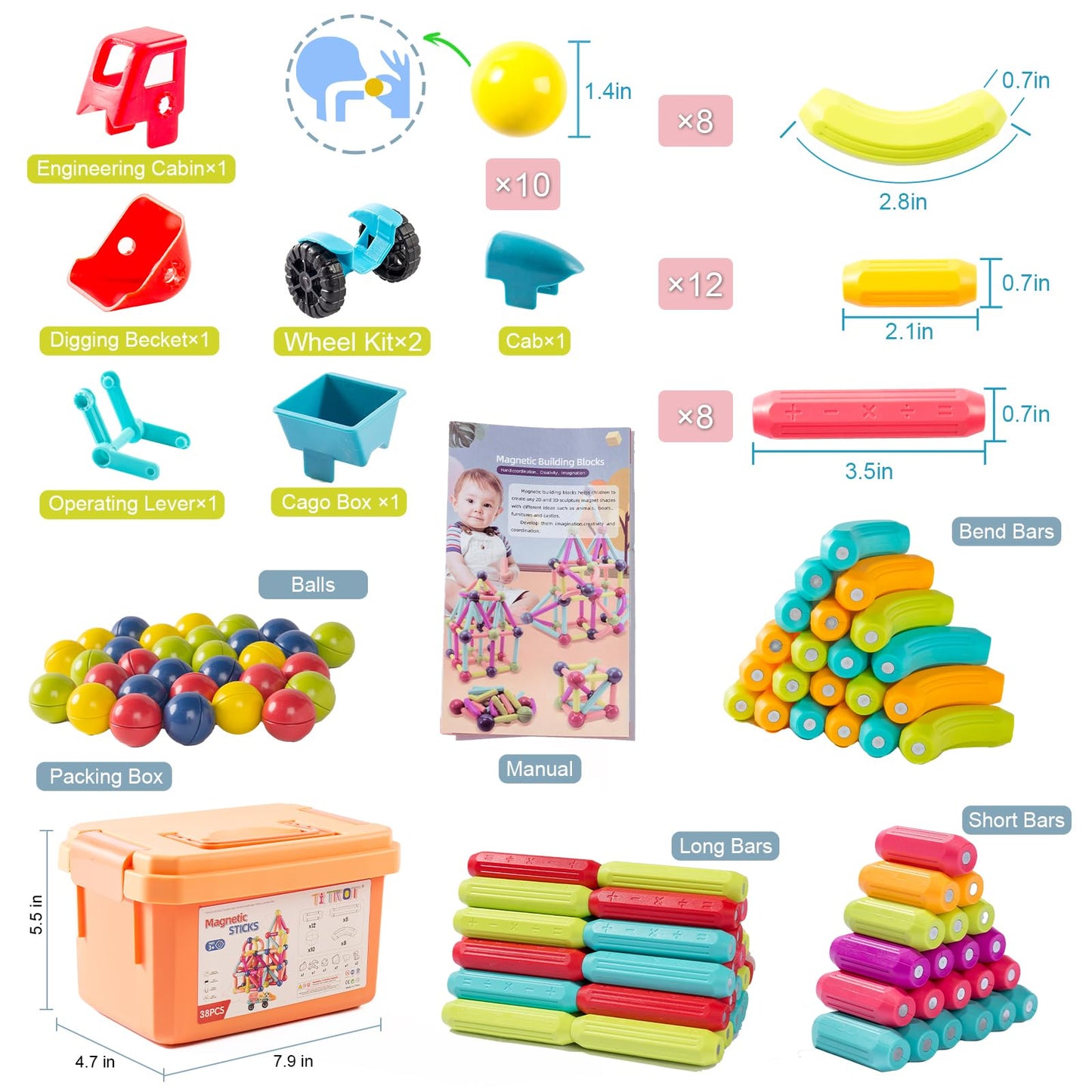 Titrot Magnetic Blocks Kids Toys, Magnetic Building Sticks STEM Educational Sensory Toy Preschool Learning Montessori Toys for Toddlers Boys Girls Ages 3-8 with 1 Car