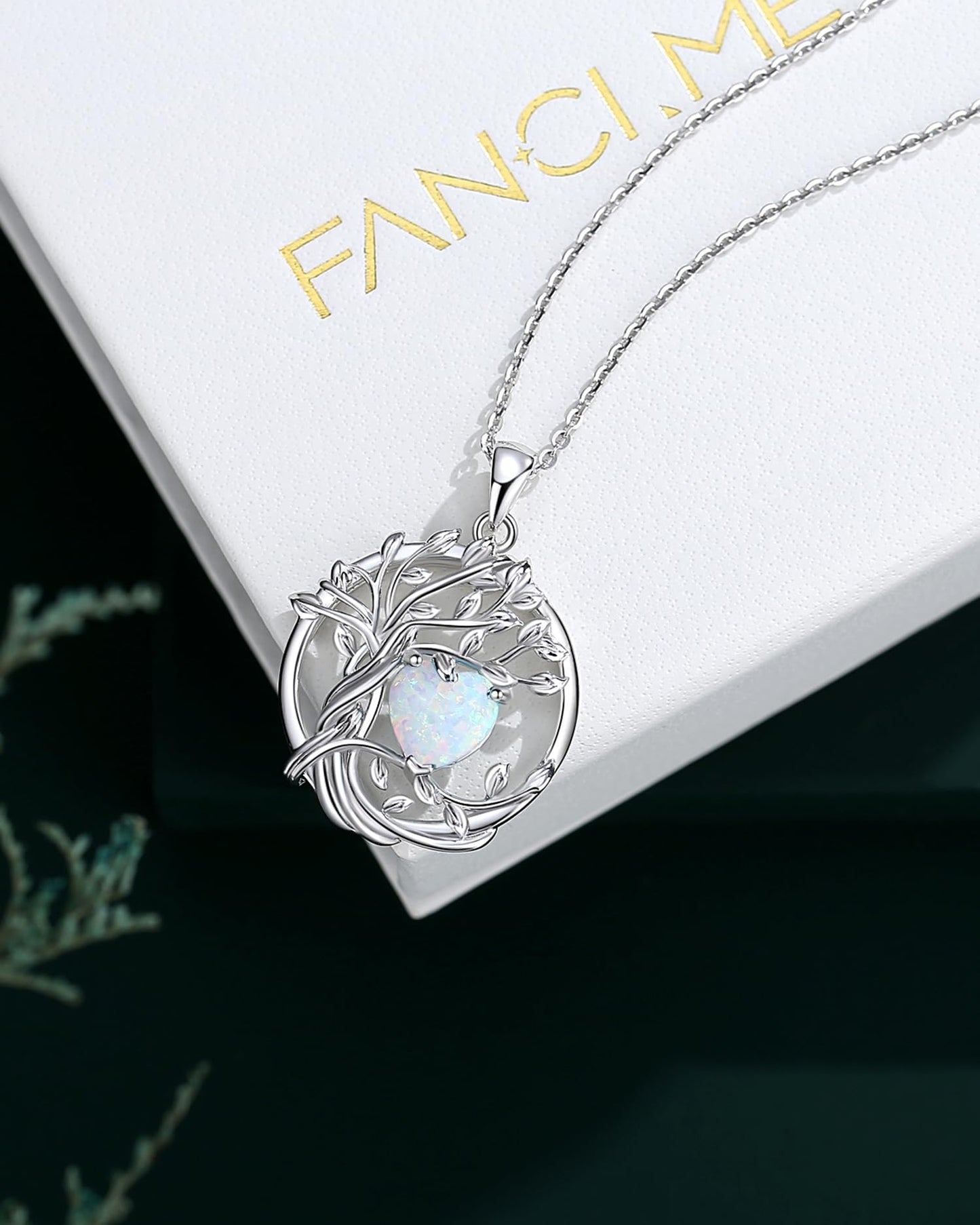 FANCIME Tree of life Birthstone Necklace for Women Sterling Silver Tree Jewelry Opal Pendant October Birthstone Gemstone Anniversary Birthday Mothers Day Gifts for Mom Her