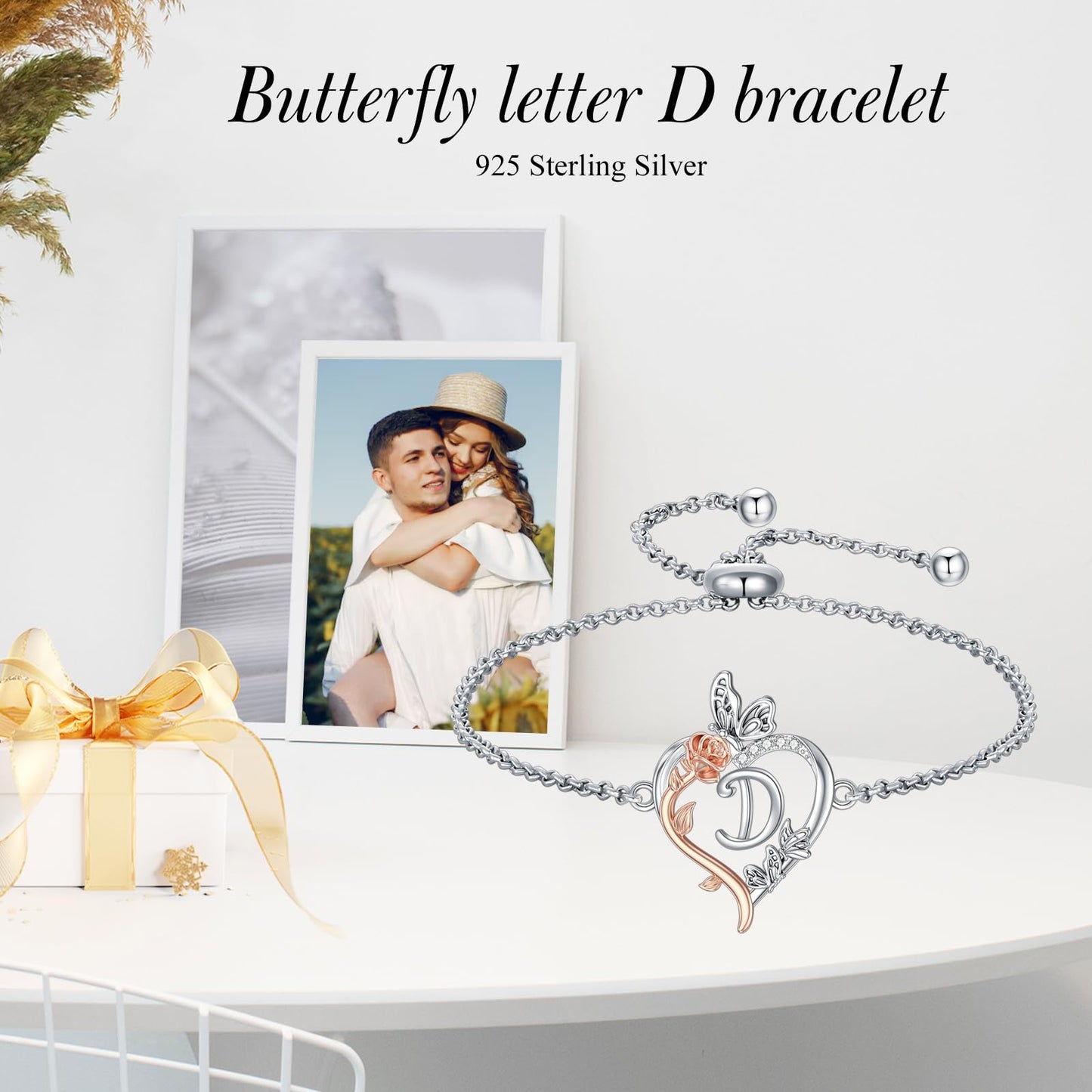 TOUPOP Rose Heart Bracelet for Women Sterling Silver Heart Initial D Letter Bracelet Butterfly Love Jewelry Anniversary Birthday Mothers Day Gifts for Mom Wife Her Girlfriend
