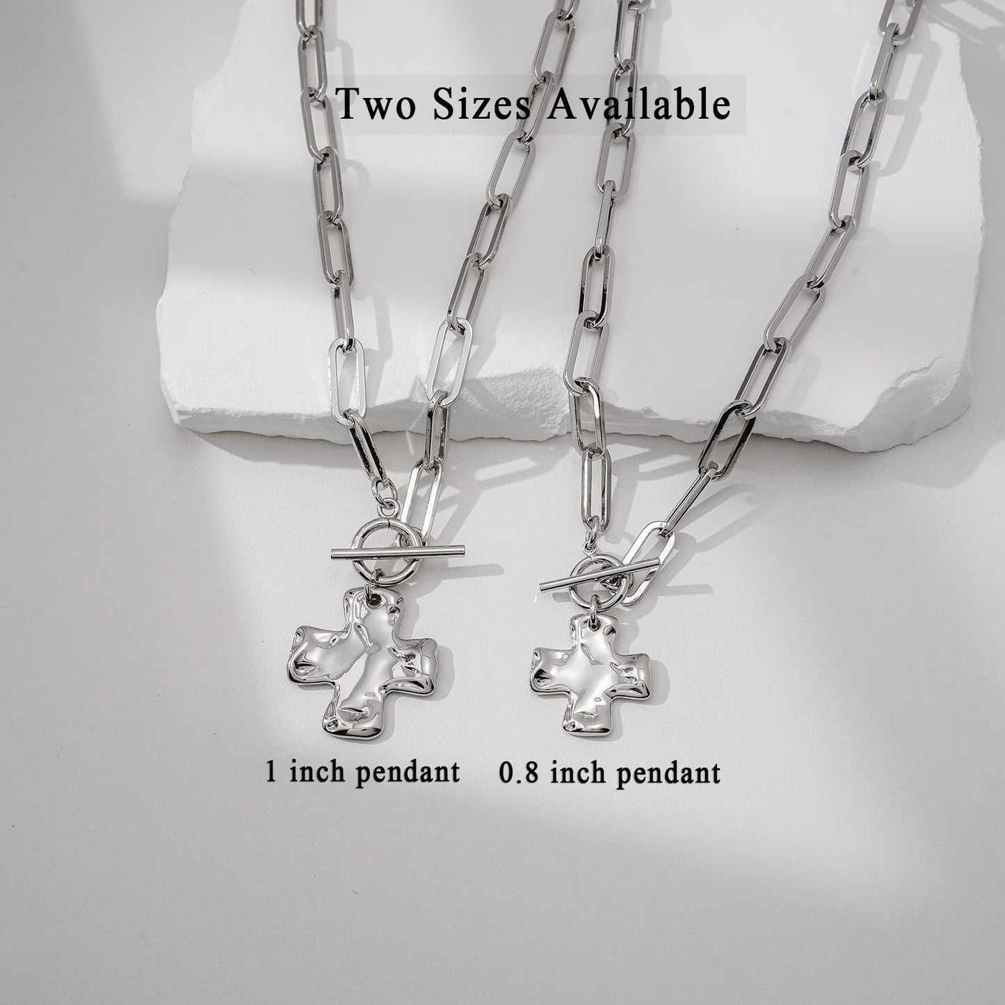 Bheop Chunky Cross Necklace for Women Trendy Silver Plated Statement Cross Pendant Charm Necklace Toggle Clasp Long Big Paperclip Faith Chain Costume Jewelry Gift Non Tarnish 2CM