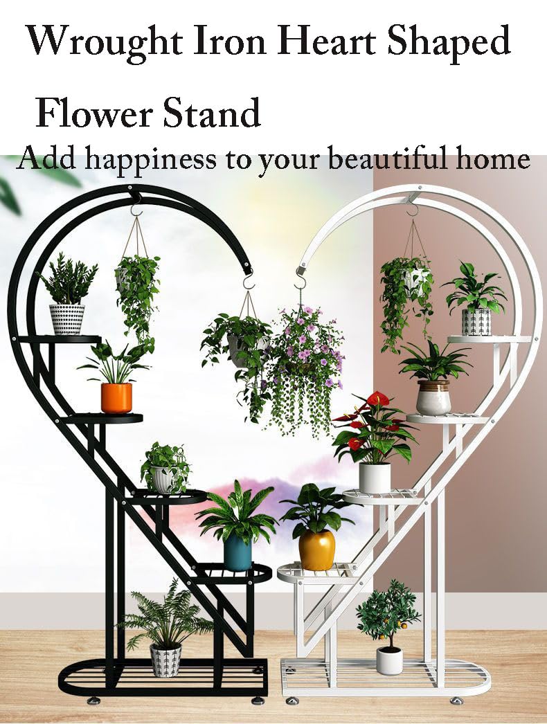 Eiwitany Floor-Standing Wrought Iron Flower Stand Installation Simple Load-Bearing Strong Home Living Room Balcony Heart-Shaped Shelf (Black)