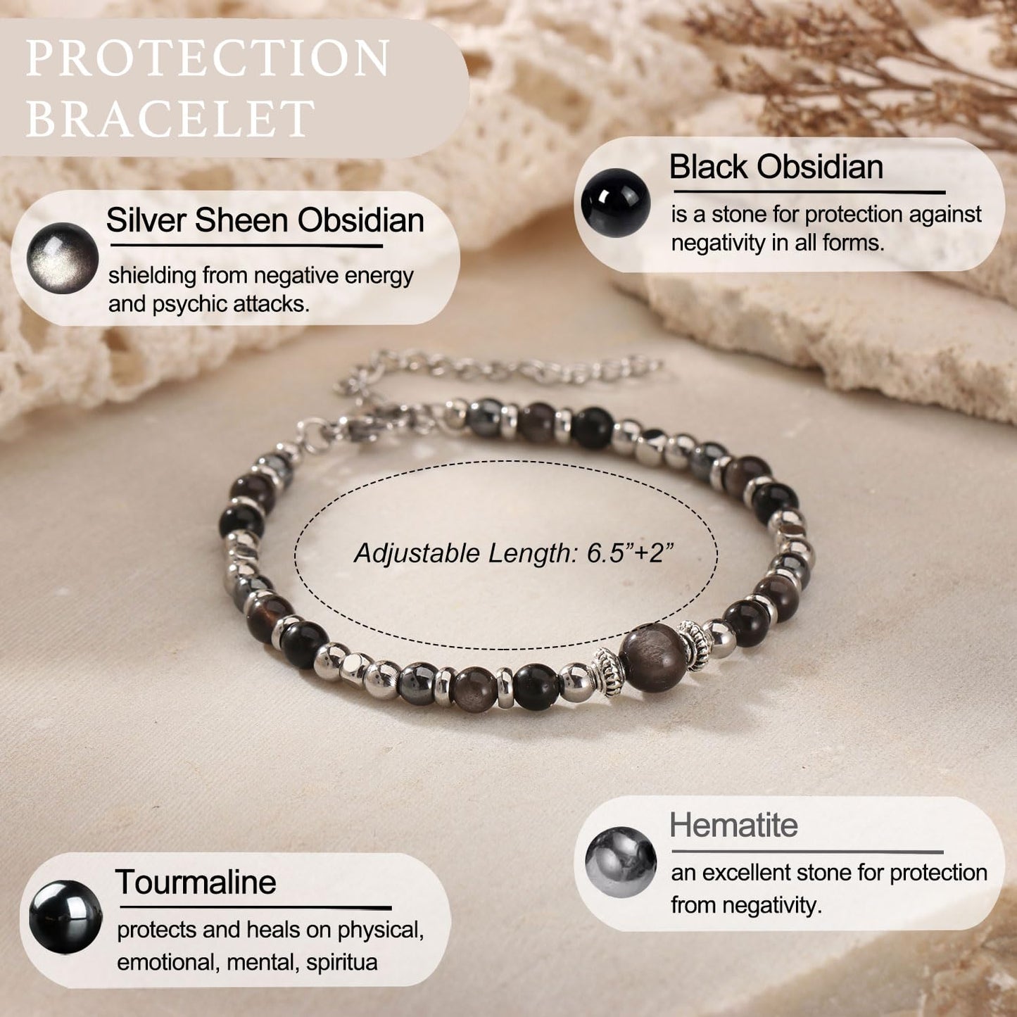 Triple Protection Bracelet for Women, Hematite Black Tourmaline Obsidian Bracelets Natural Healing Stone Empath Protection Bracelets for Women, Energy Healing Crystals Luck Wish Bracelet -(TP)