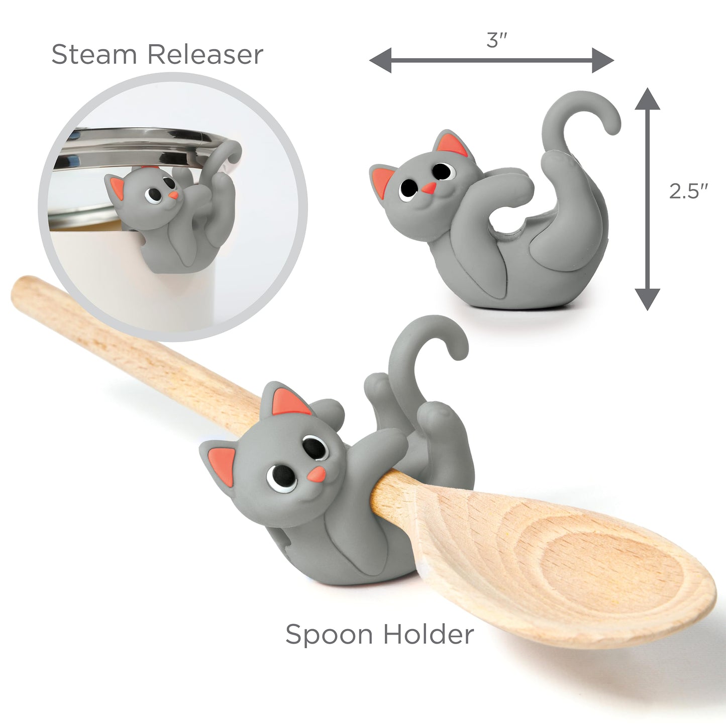 Gray Cat Spoon Rest for Stove Top – Silicone Pot Clip Utensil Holder & Lid Lifter – Funny Kitchen Gadget, Unique Grey Tabby Cat Gifts for Women – 3" x 2.5"