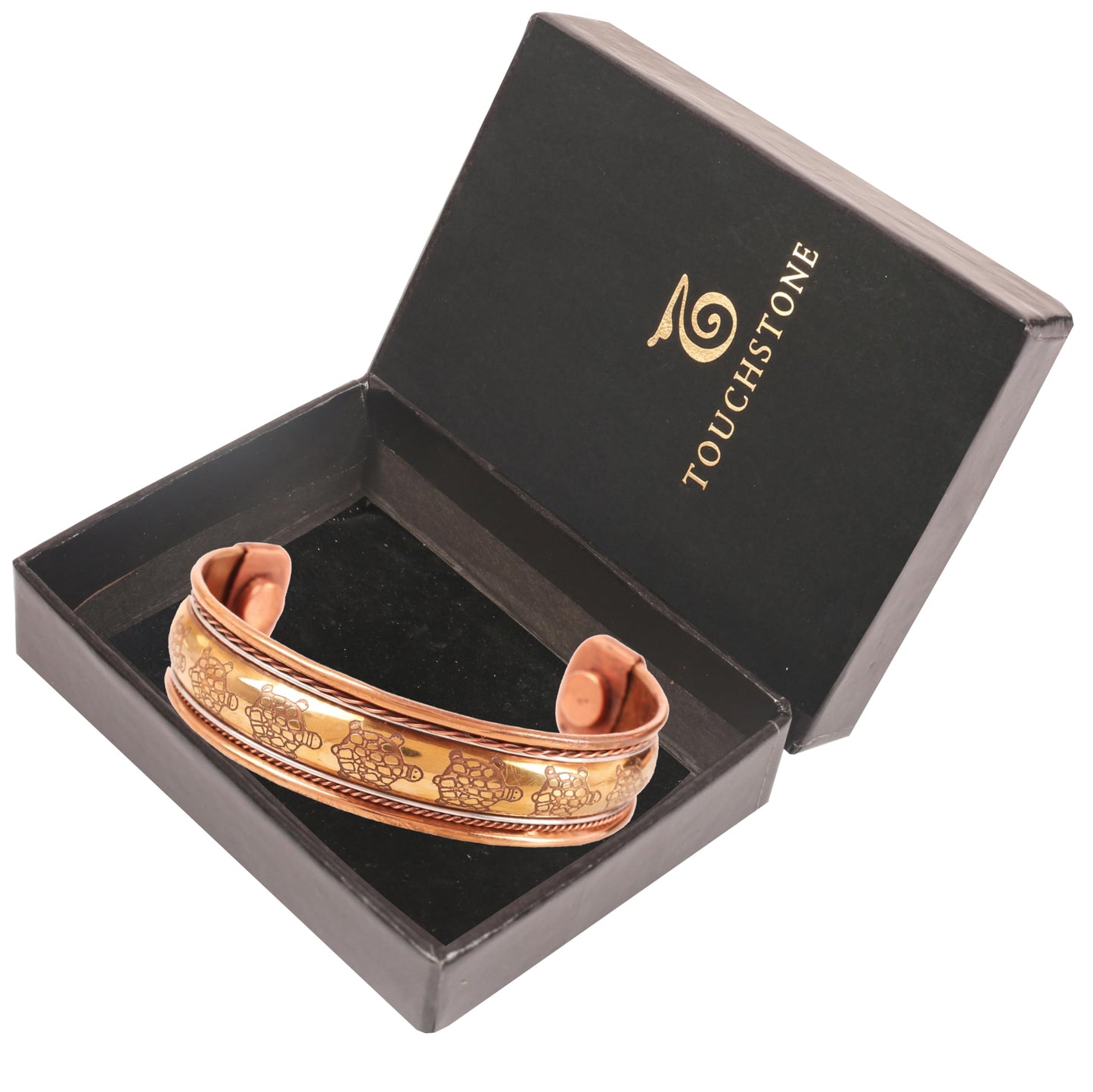 Touchstone handcrafted magnetic copper bracelet. Hand forged with solid and high gauge Tibetan style engraved cuff pure copper jewelry for women men. Tortoise Inspired