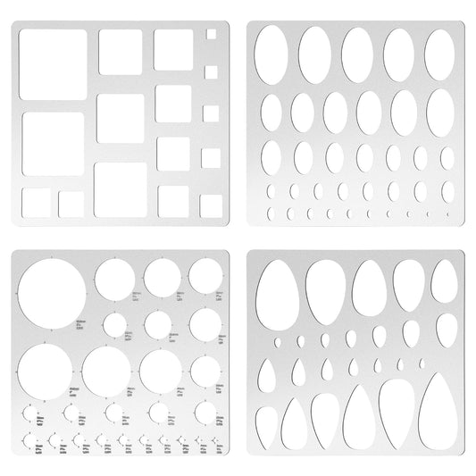 4 Pcs Metal Geometric Stencils Set Circle Ellipse Square Teardrop Templates for Drafting Round Stencil Jewelry Making Art Oval Tool Metric Ruler for Office and DIY Bracelets Earrings Craft