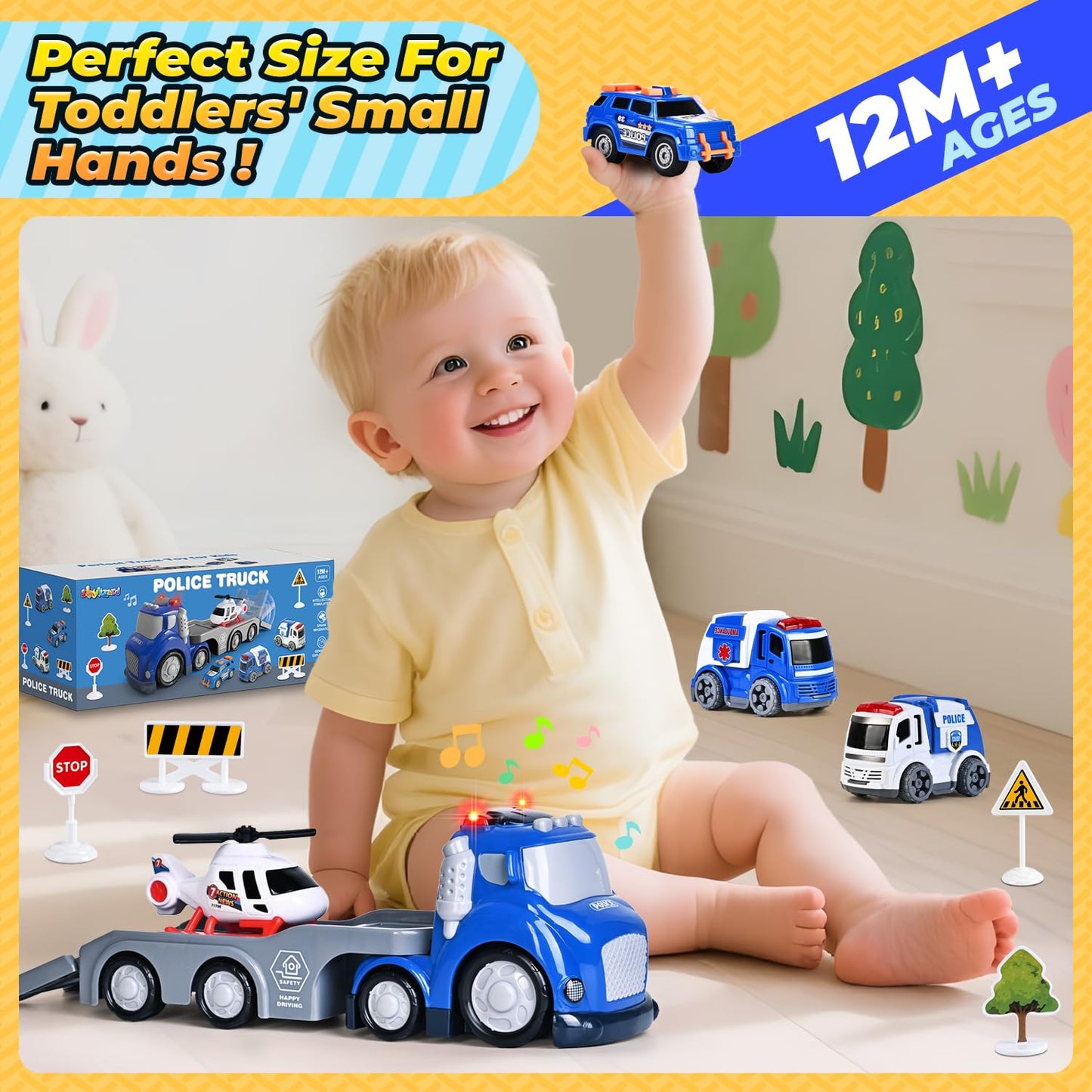 ShyLizard Toddlers Truck Toys,Boy Toys Gifts for 1 2 3 Years Old,5 in 1 City Police Transport Truck with Lights & Sounds,Ideal Birthday for Baby Toddler 12-18M+