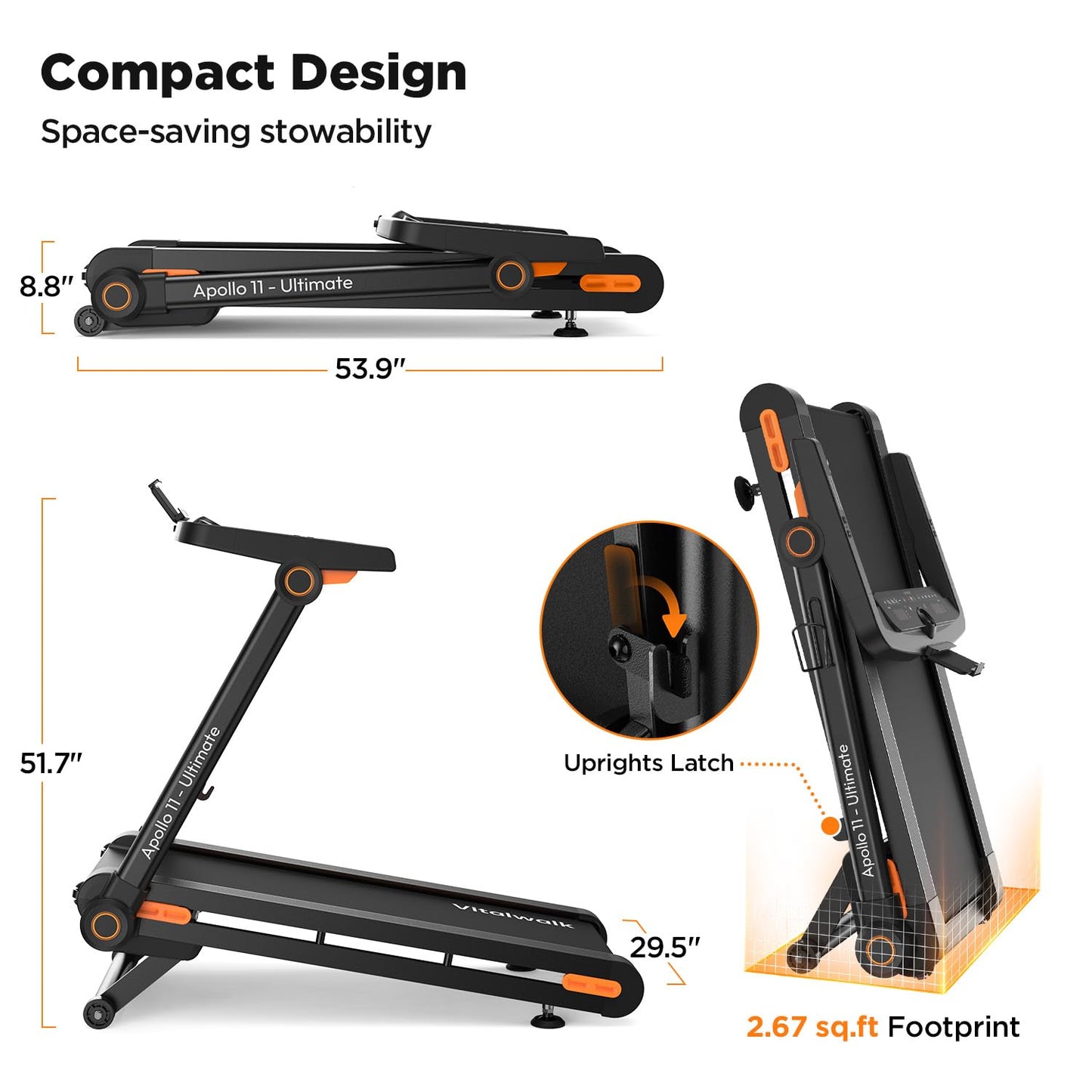 Foldable Treadmill with Auto Incline - Vitalwalk Commercial 48"x18" Wide Running Belt, 20% / 15% Incline, 10MPH, 3.5HP Brushless, Walking Pad Treadmill for Home, Auto Folding, No Installation, 350LBS
