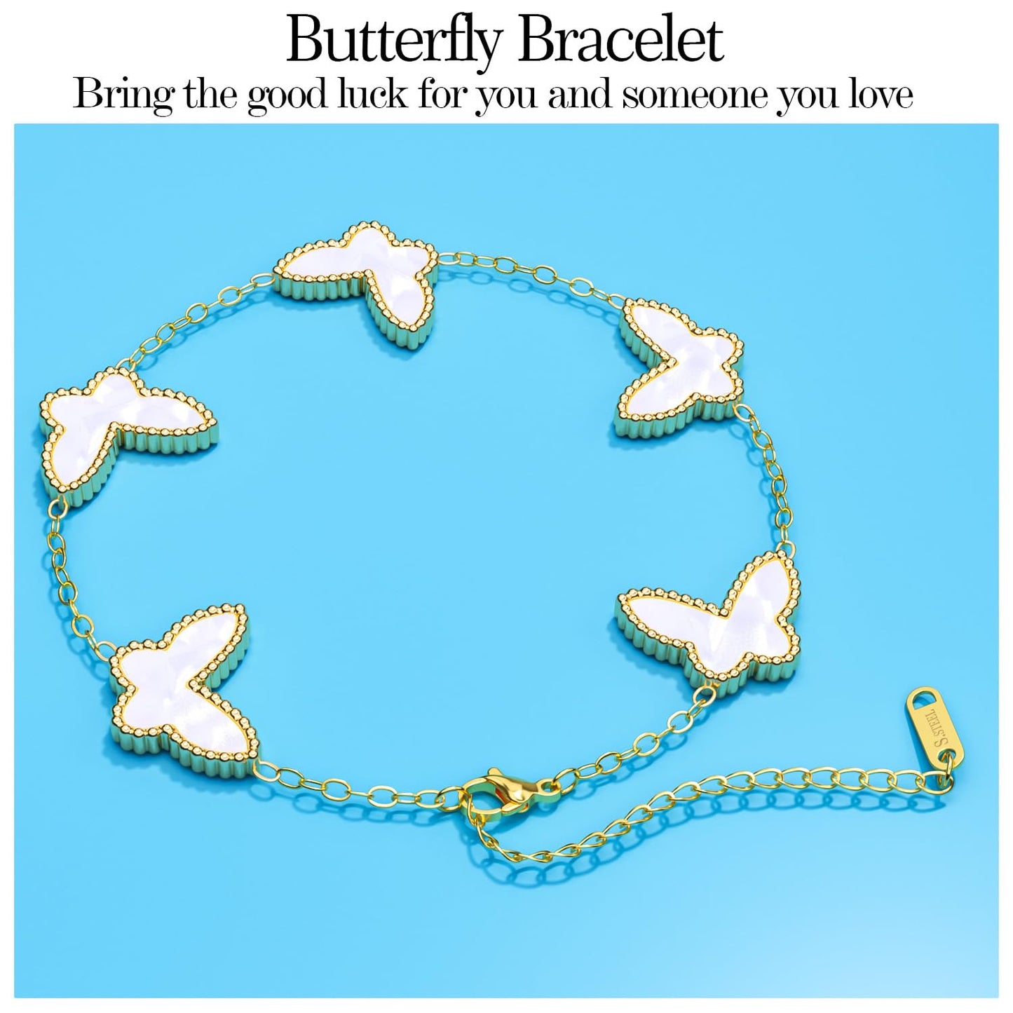 AICase 18K Gold Plated Clover Bracelet Dupes White Bracelet Set for Women Butterfly Flower Leaf Lucky Clover Bracelets Trendy Jewelry Birthday Gifts for Women/MoM/Friends_White