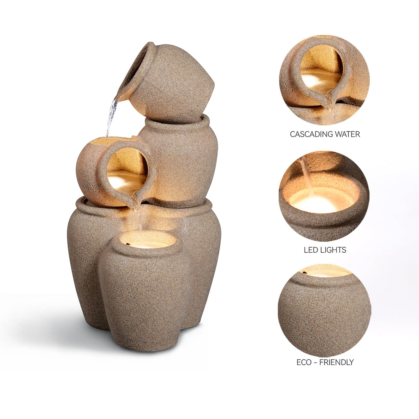 Puulye 29.53" H Outdoor Water Fountain Made with Eco-Friendly Recyclable Materials, Polyethylene Cascading Waterfall Outdoor Fountain, Garden Decor with LED Light & Pump for Patio, Backyard