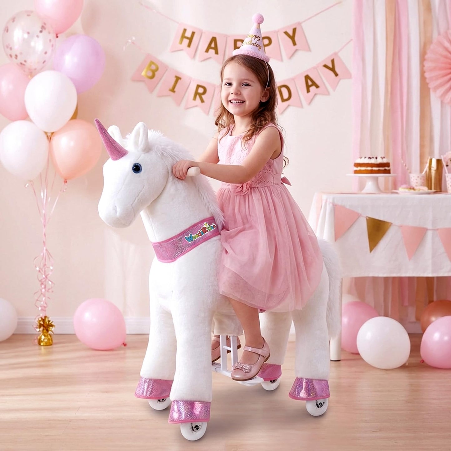 WondeRides Ride on Unicorn Horse Rider Pony Cycle Toy, 30.1 Inch Height Riding Pony White Unicorn Toy Plush Rocking Mechanical Walking Animal with Wheels No Battery Size 3 for Kids 3-4 Years M332-1