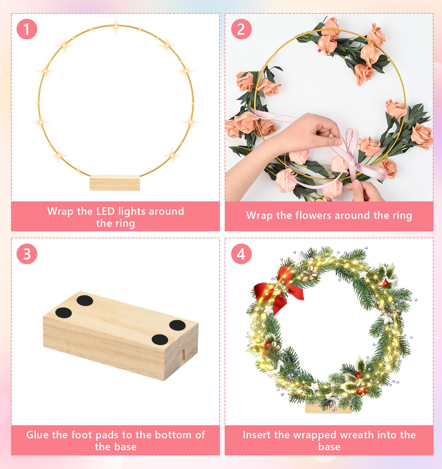 12 Inch 10 Sets Metal Floral Hoop Centerpiece with Wood Stands and LED Fairy Lights, Gold Metal Rings for Christmas Party Dream Catcher Wedding Table Wreath Decor, Wall Hanging Wreaths