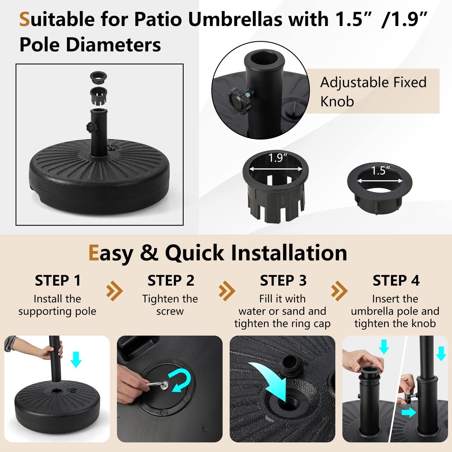 Tangkula Fillable Umbrella Base, 75 lbs Water & Sand Filled Heavy Duty 20 Inch Round Patio Outdoor Umbrella Weights, Umbrella Stand for Umbrella Pole 1.5-1.9 inches, for 9-10 ft Market Offset Umbrella
