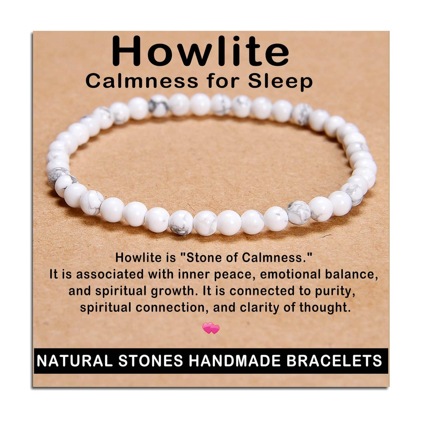 AD Beads Handmade Gemstone Stretch Elastic Bracelet Crystal Healing Reiki Nature's Beauty and Spiritual Essence Unisex (4mm, Howlite (Calmness for Sleep))