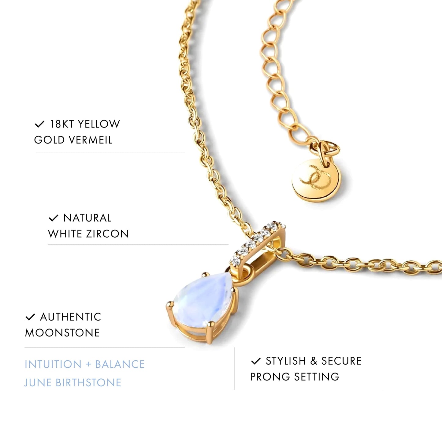 Moon Magic Moonstone Necklace Sway - June Birthstone / 925 Sterling Silver - 18k Rose Yellow Gold Rainbow Moonstone Necklaces for Women/Authentic Crystal Jewelry