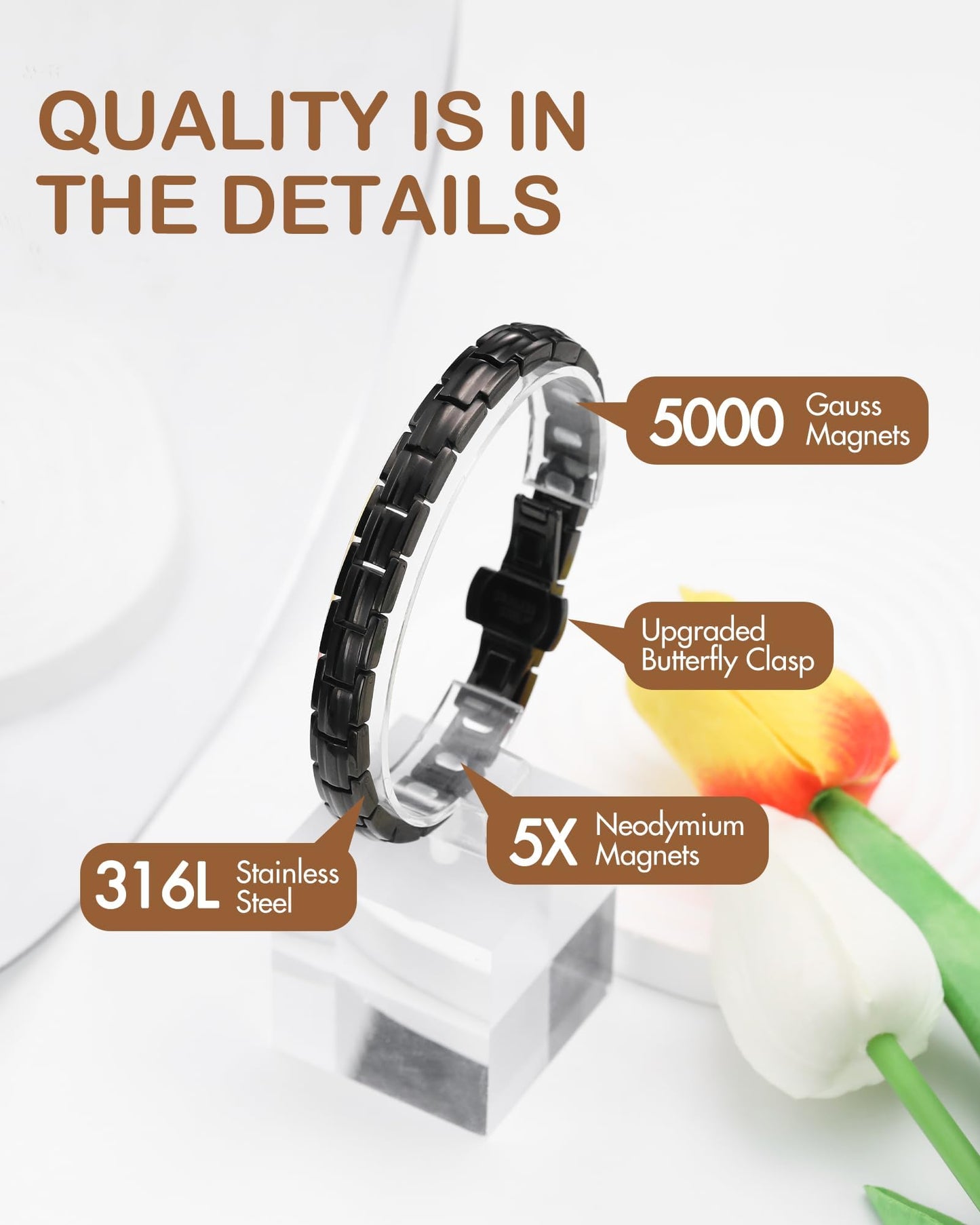 Feraco 5X Strength Magnetic Bracelets for Women, Stainless Steel Magnet Bracelet with Ultra Powerful 5000 Gauss Neodymium Magnets, Upgraded Butterfly Clasp, Adjustable Jewelry Gift