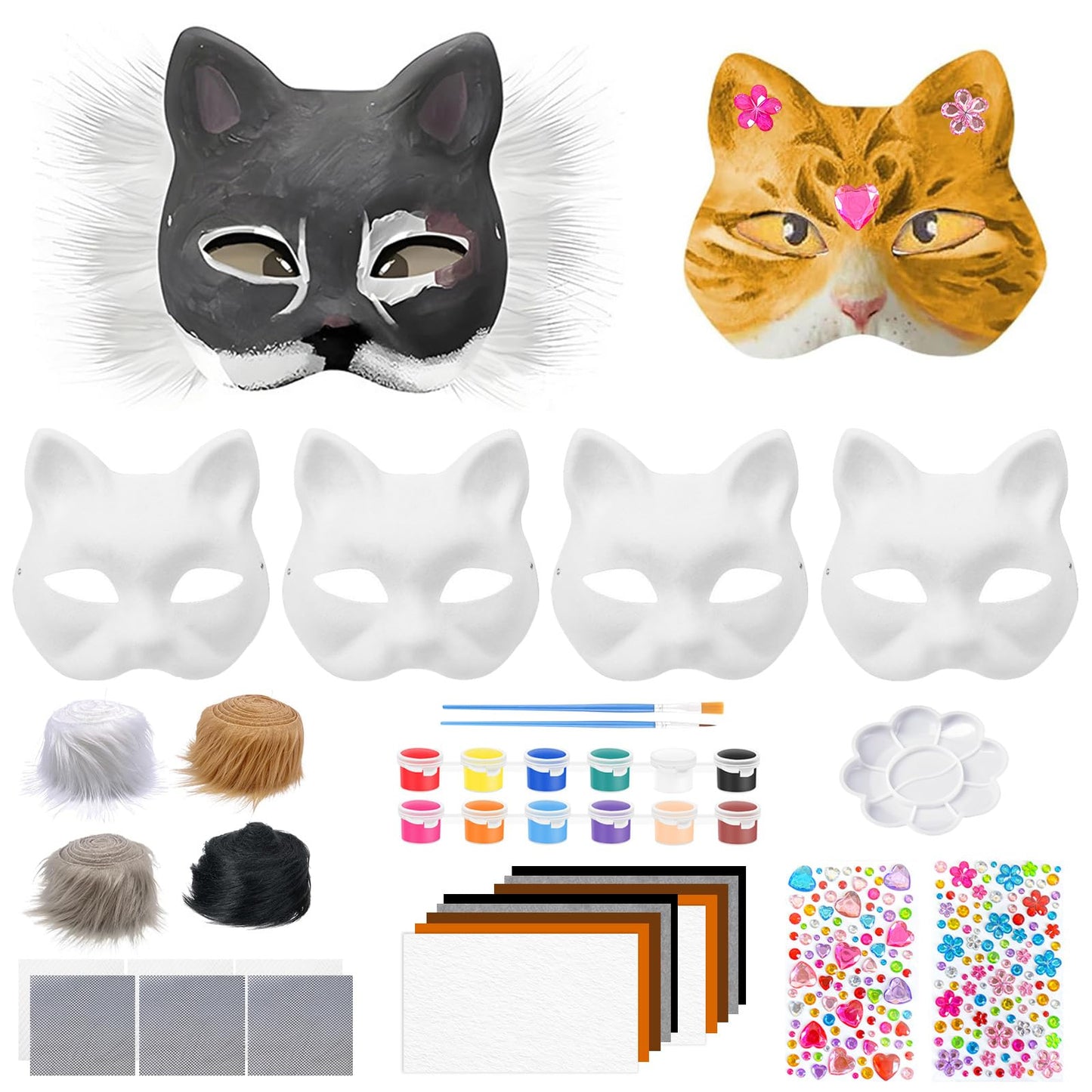 Bayurht Therian Masks Kit—DIY Cat Fox Furry Mask Craft Set, Paintable Animal Costume Furry Mask with Felt Fur, Eye Meshes & Gem Stickers for Halloween, Cosplay, Party