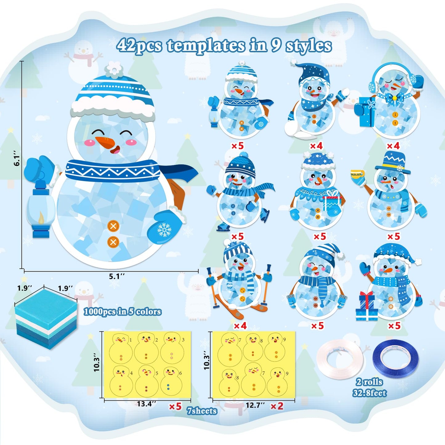 Renbuzhu 42PCS Winter Crafts Bulk: Snowman Paper Suncatchers DIY Kit for Christmas Holiday Activities Decorations, Window Stained Glass Effect Art Ornaments