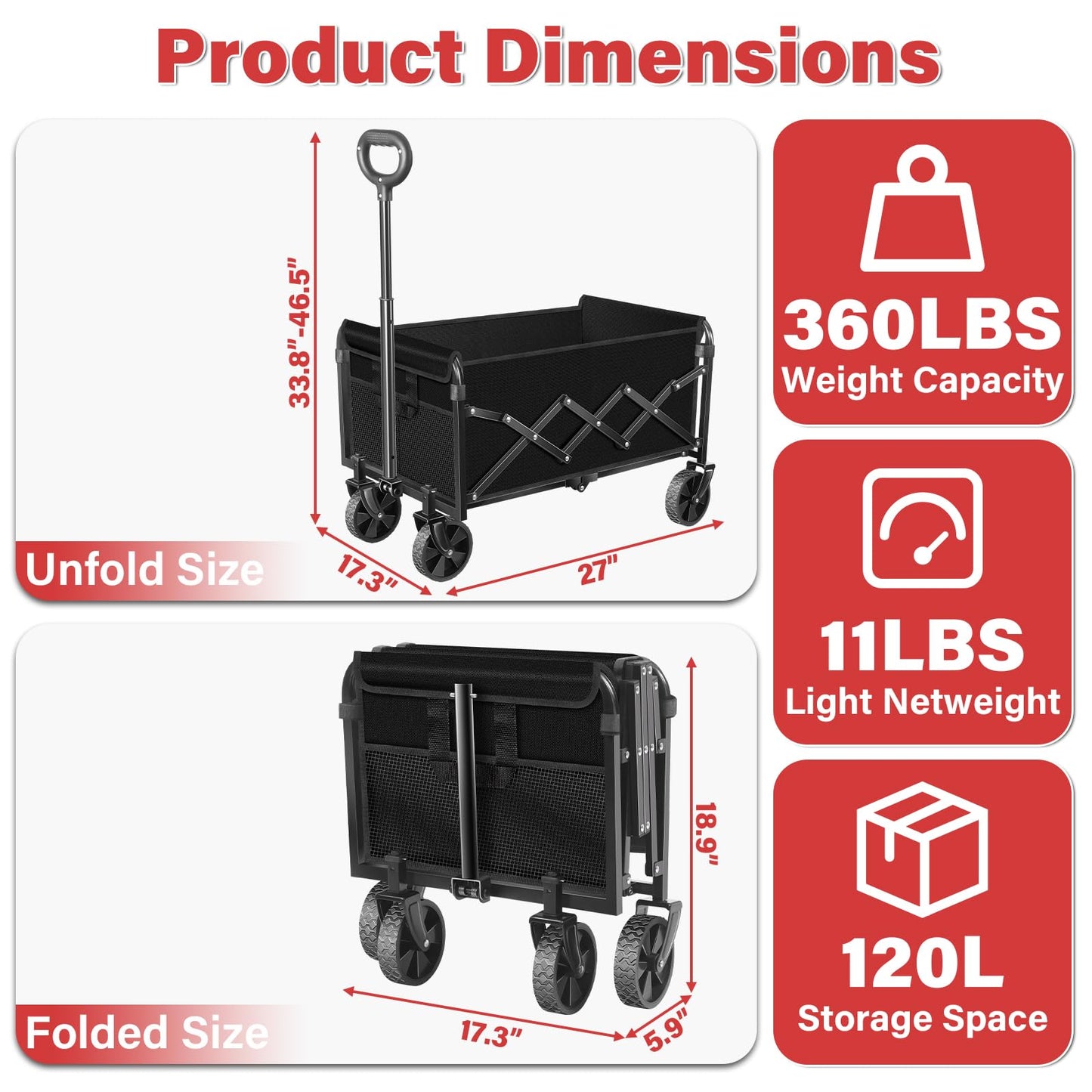 Collapsible Folding Utility Wagon Cart with Wheels, 360 Lbs Heavy Duty Outdoor Foldable Wagon with Adjustable Handle, 2 Drink Holders, Portable Wagon for Groceries, Garden, Beach, Camping, Shopping