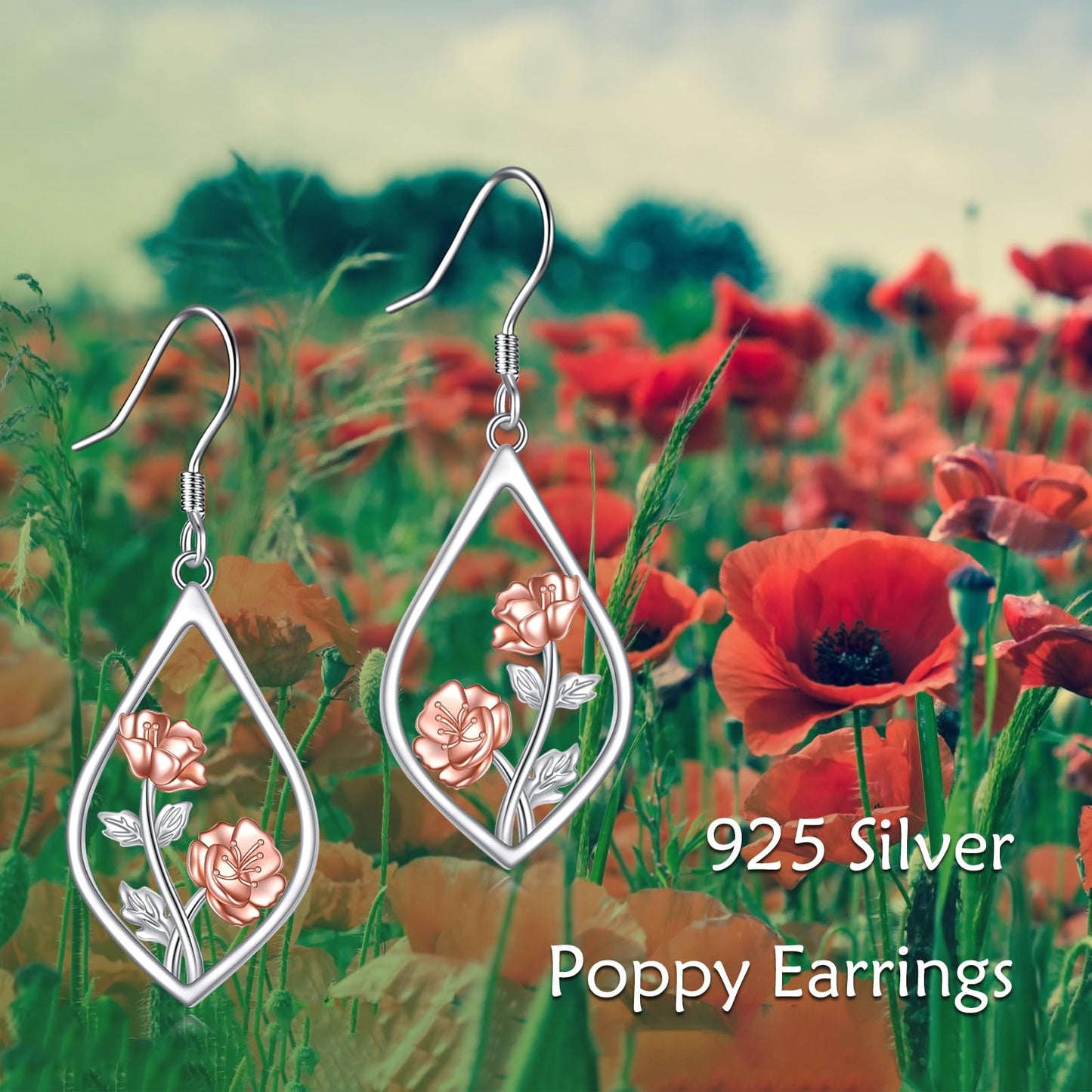Poppy Earrings 925 Sterling Silver August Birth Flower Dangle Earrings Teardrop Jewelry Gifts For Women