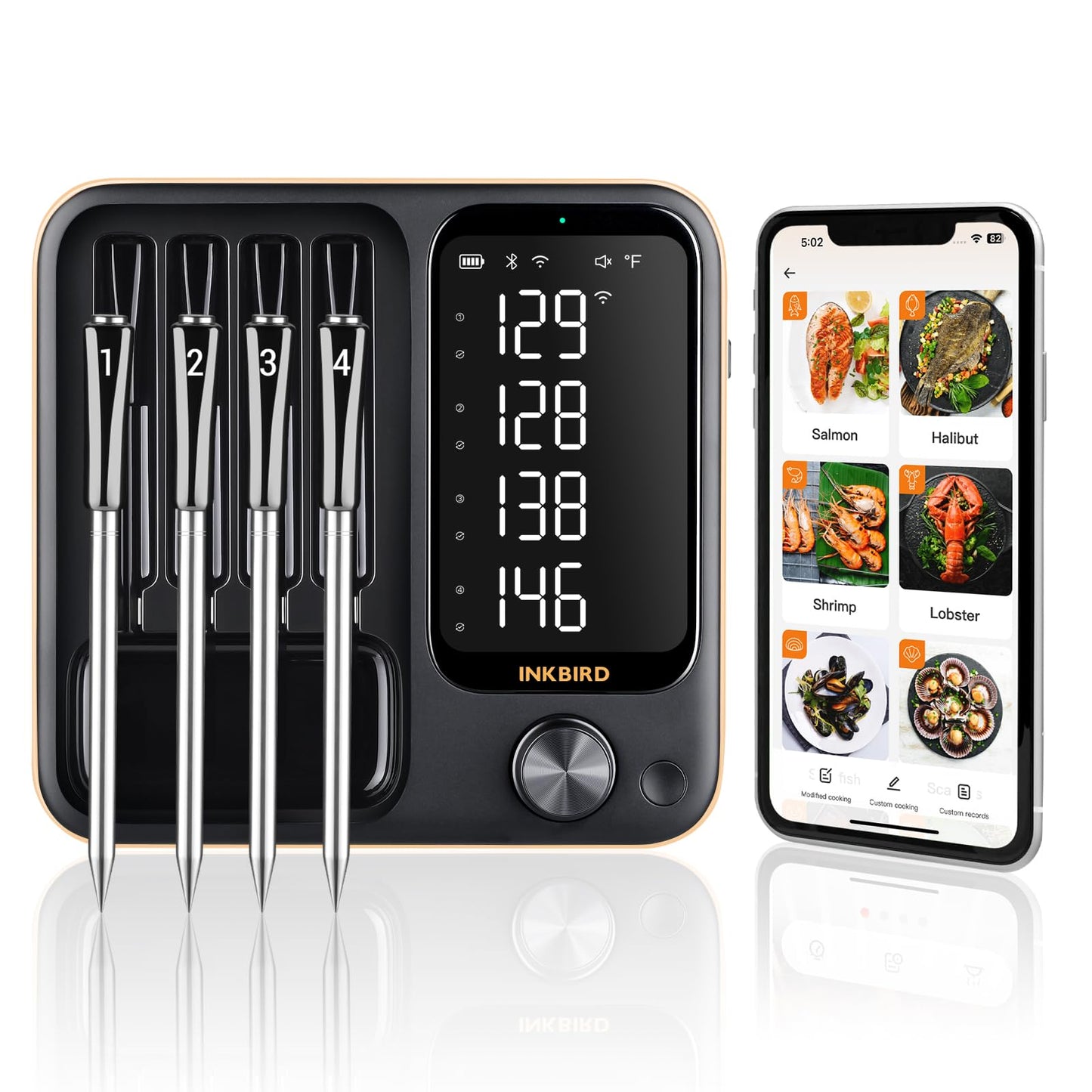 4-Probe WiFi Wireless Meat Thermometer with 360°Readable LCD Standalone Base, WiFi and Bluetooth 5.3 Unlimited Range, IPX8 Waterproof Food Kitchen Thermoemter for BBQ, Grill, Smoker, Oven, Rotisserie