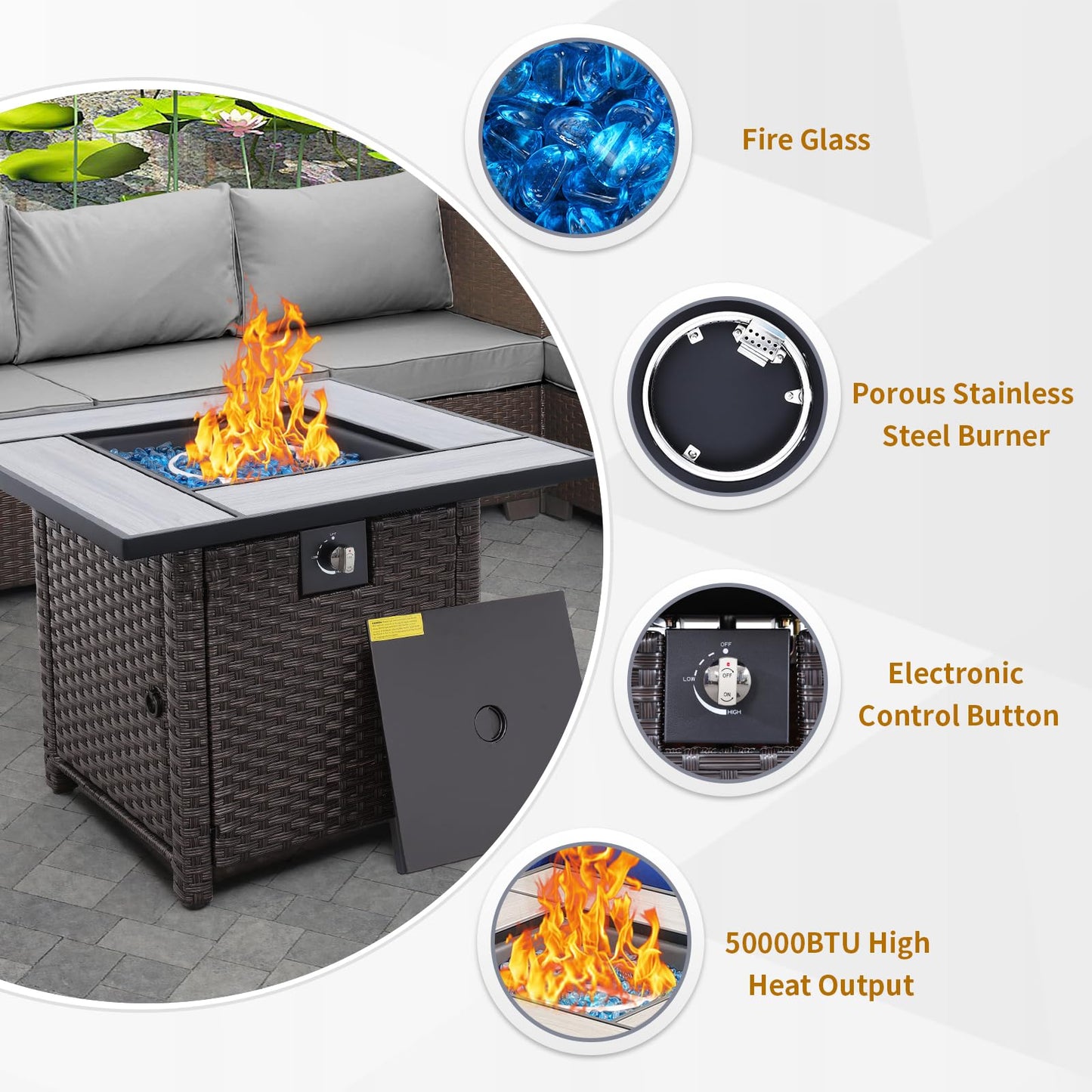 Outdoor Propane Fire Pit, 30 Inch PE Wicker Patio Firepit Table with Fire Glass for Outside Parties and Gatherings on Garden Backyard Porch