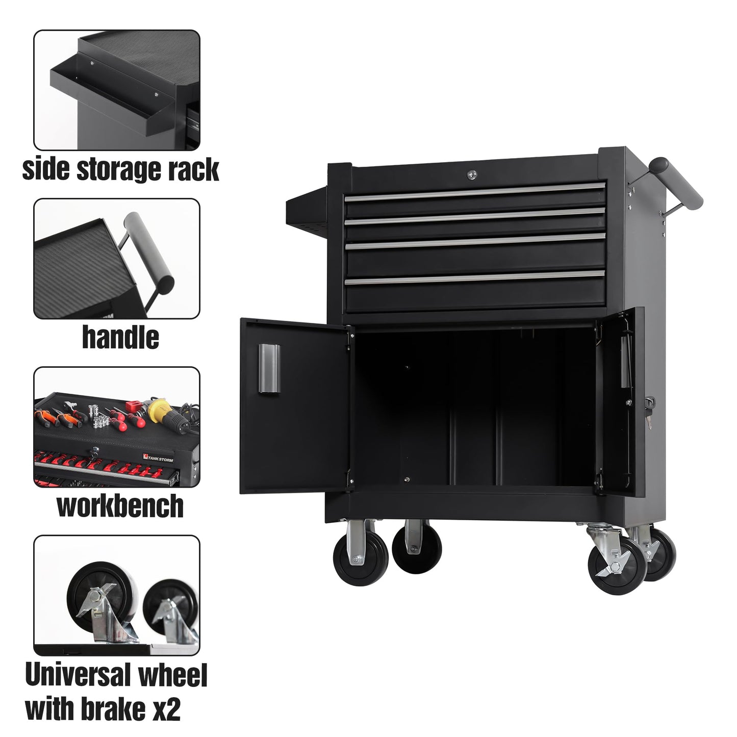 TANKSTORM 26" Professional Tool Chest Heavy Duty Cart Steel Rolling Tool Box with 4 Lockable Drawers and Doors/Profossional Grade (TZ64-BK)