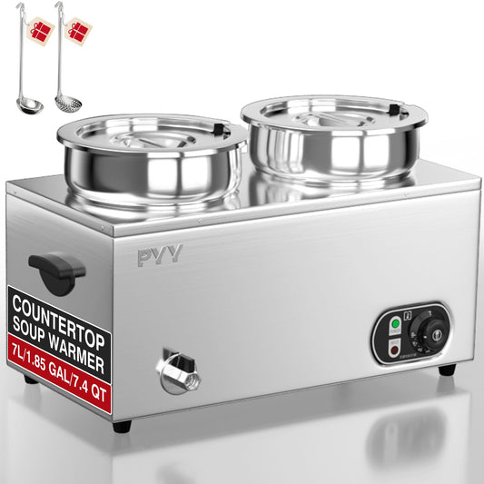PYY Soup Warmer Commercial - 2x7.4QT Stainless Steel Bain Marie Round Pot 86~185°F Adjustable Temp, Electric Soup Warmer Countertop with Anti-Dry Burn and Reset Button for Restaurant, Buffet 1500W