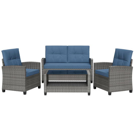 Shintenchi 4 Piece Patio Furniture Set, Outdoor Rattan Conversation Set with Coffee Table, Outside Wicker Sectional Sofa Couch with Cushion, Gray and Blue