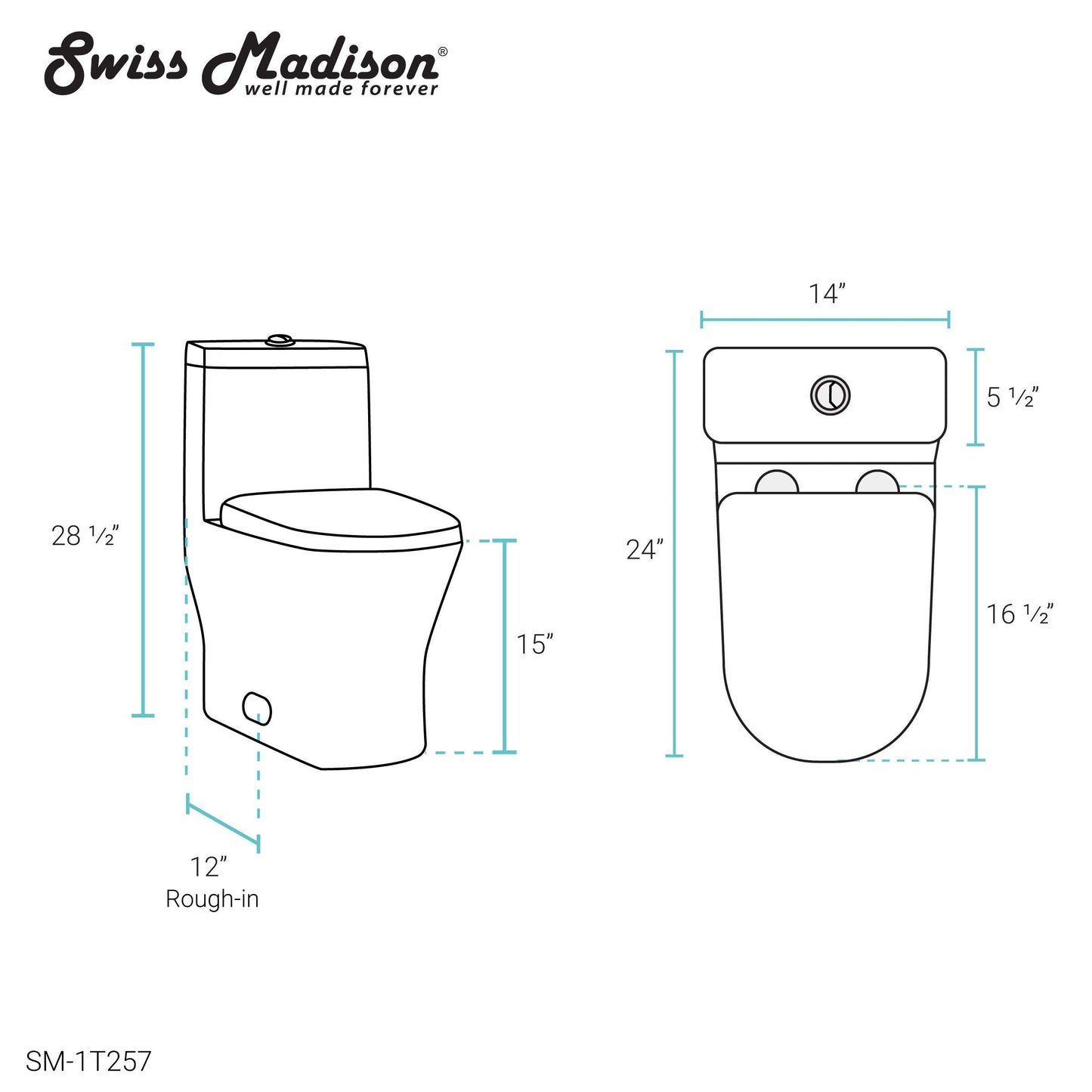 Swiss Madison SM-1T257 Sublime II Compact 24" Length One Piece Toilet Dual Flush 1.1/1.6 GPF with Side Holes, Glossy White