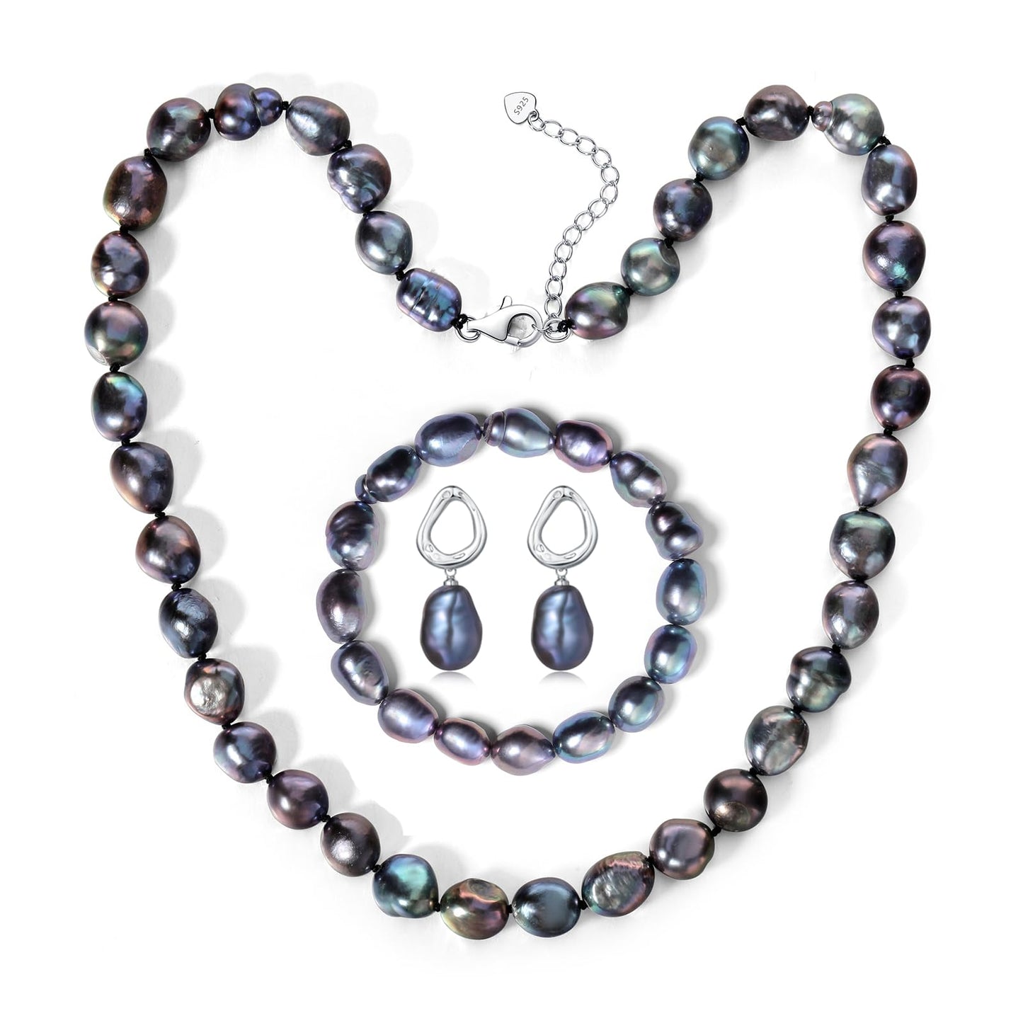 BAMIKI Tahitian Pearl Jewelry Set for Women, Baroque Saltwater Cultured Black Pearl Necklace Bracelet Earrings Set 8.5-9mm, 925 Sterling Silver Clasp, Gift for Birthday Anniversary Mother's Day
