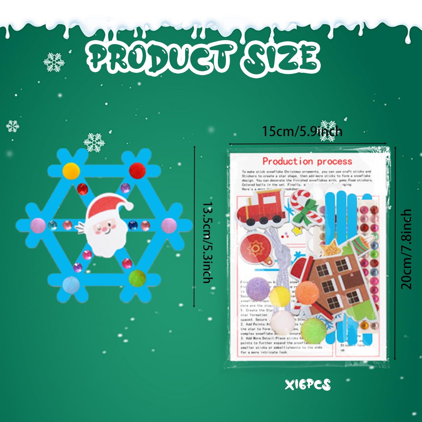 16Set Christmas Craft Kits Winter Popsicle Stick Snowflake DIY Sets Ornaments with Foam Stickers for Christmas Party Supplies Winter Holiday Activities Party Favors