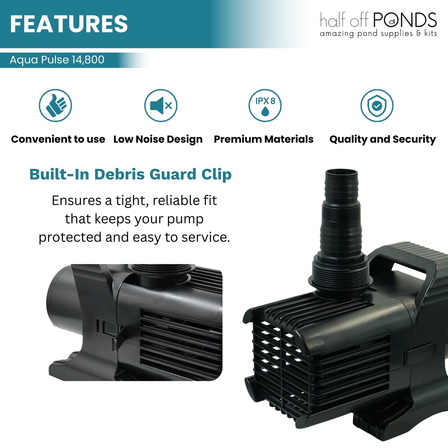HALF OFF PONDS Submersible Water Pump, 14,800 GPH Pond Pump with 33FT Power Cord and 35.5FT Max Head, 1,100W Ultra Quiet Energy Efficient Pump for Koi Pond, Fountain, Waterfall, Water Garden, Skimmer