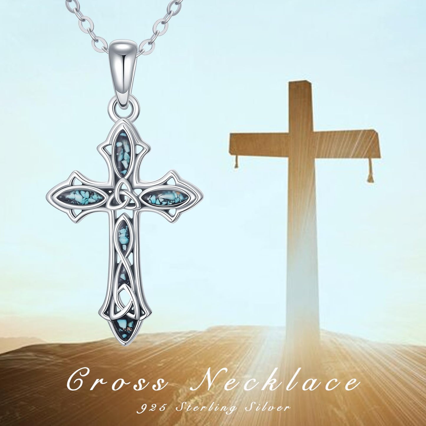 MOPOPOK Cross Necklace for Women S925 Sterling Silver Turquoise Cross Celtic Knot Pendant Necklace Protection Jewelry Gifts for Mom Wife Birthday Graduation Anniversary