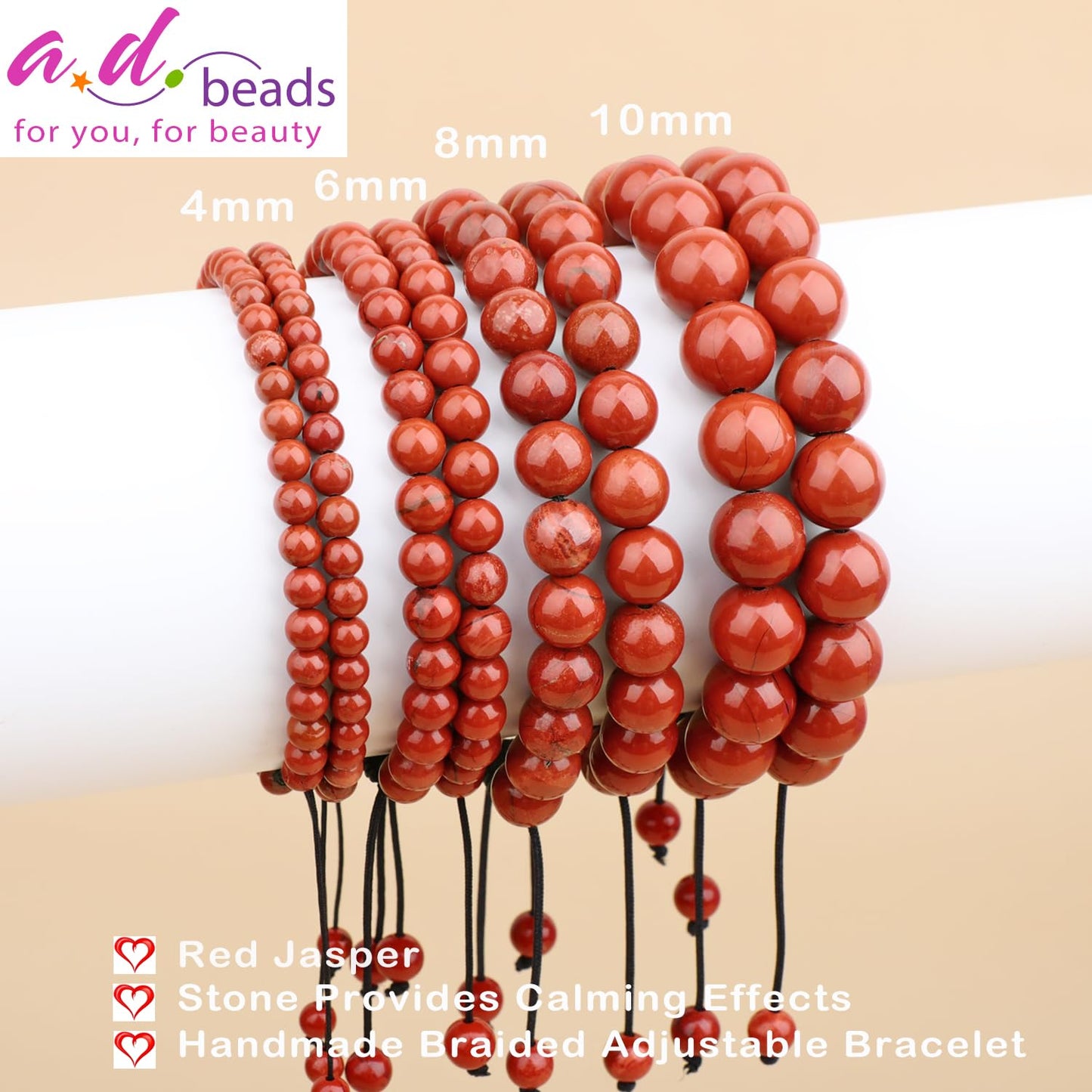 AD Beads 8mm Red Jasper - Stone Pepvodes Calming Effects - Handmade Natural Stone Crystal Bracelet with Adjustable Macrame String - Yoga Healing Power Energy Gifts for Men and Women
