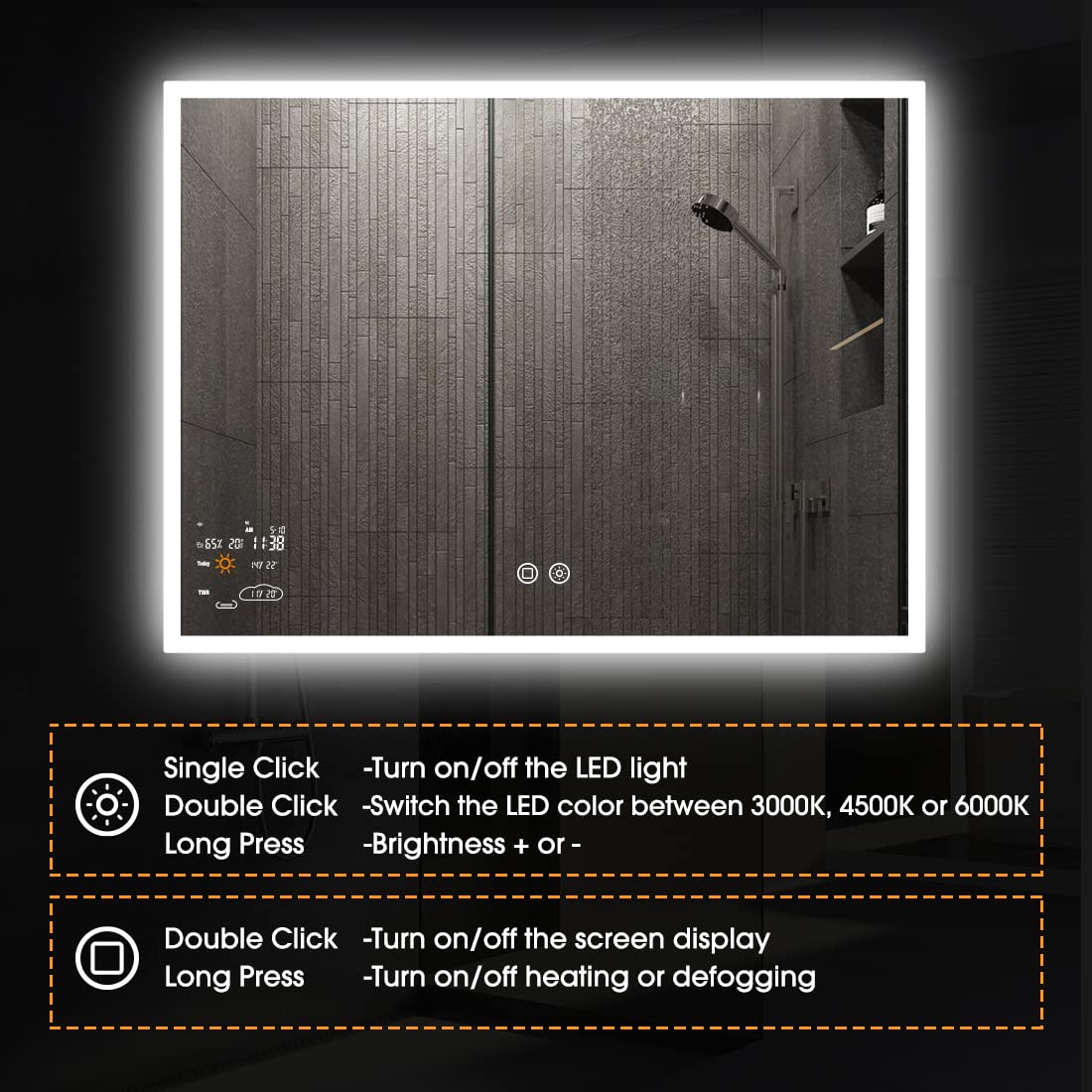 Evokor 32 x 24 Inch Led Smart Bathroom Mirror with Lights, Anti Fog Lighted Vanity Mirror with Weather Time Wall Mounted, White/Warm/Natural Light Dimmable, CRI92, IP54 Waterproof (Horizontal)