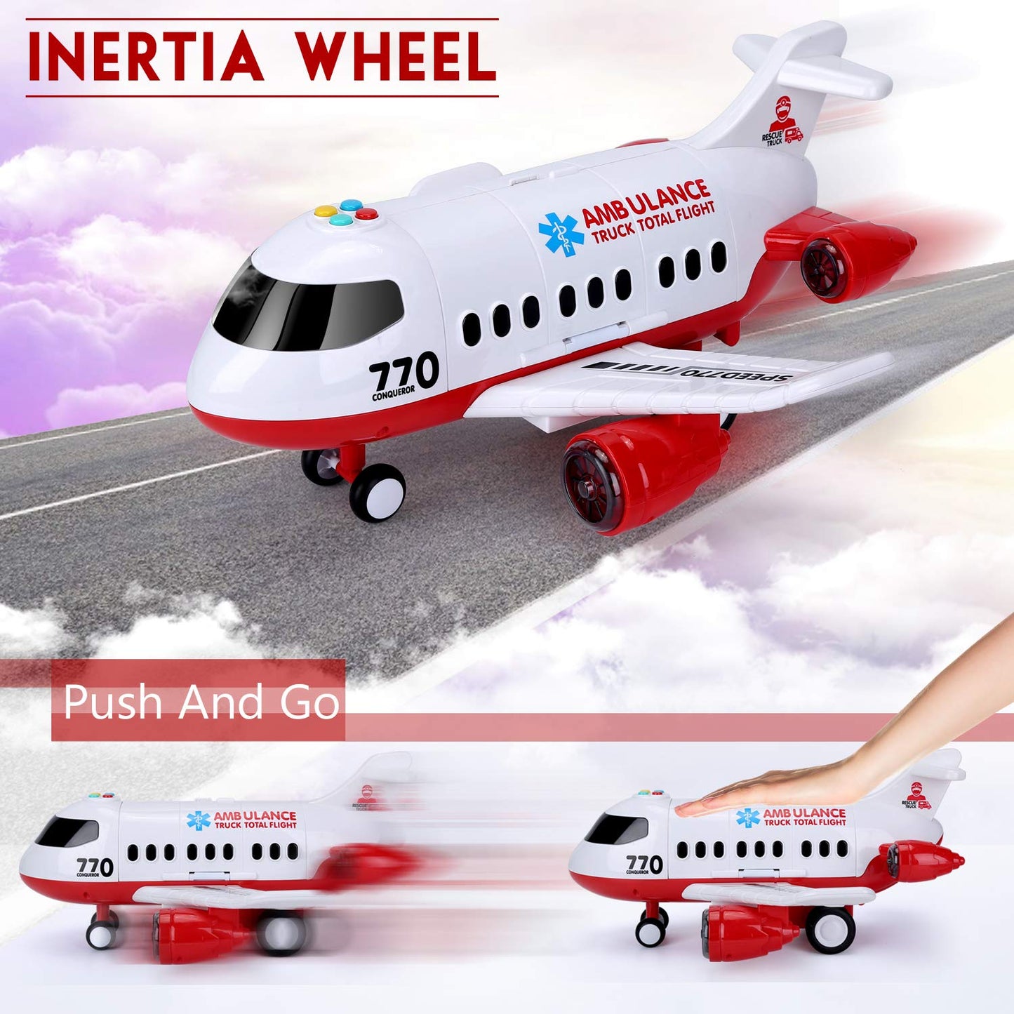 Acksonse Airplane Toy Kids Plane 15 Inches Large with Light and Sound for 3 4 5 6 7 Year Old Boys Girls Toddlers, Ambulance Aircraft Toy Vehicle Play Set with Traffic Signs and 6 Rescue Trucks