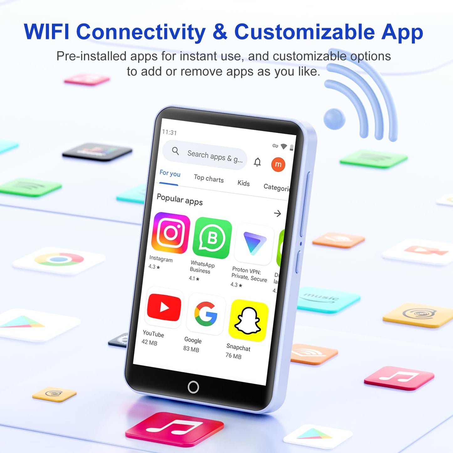 MP3 Player with Bluetooth and WiFi, 80GB MP3 & MP4 Players with Camera, Android MP3 Player with Spotify Amazon Music Deezer Audible, 4.02" Touchscreen HiFi Music Player for Kids with Speaker, FM Radio