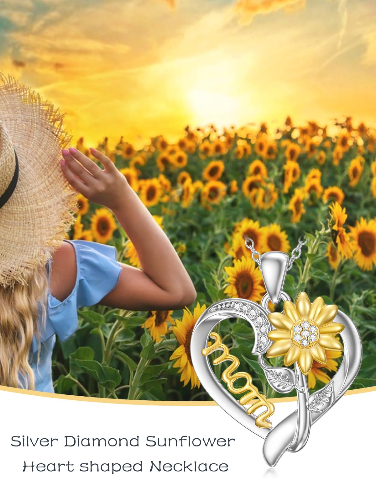 ZBA Real Diamond Sunflower Necklace for Mom, 925 Sterling Silver Sunflower Necklace for Mom Sunshine Gifts Fine Jewelry Anniversary Valentines Birthday Mothers Day Gifts for Mother Grandmother from Daughter Son
