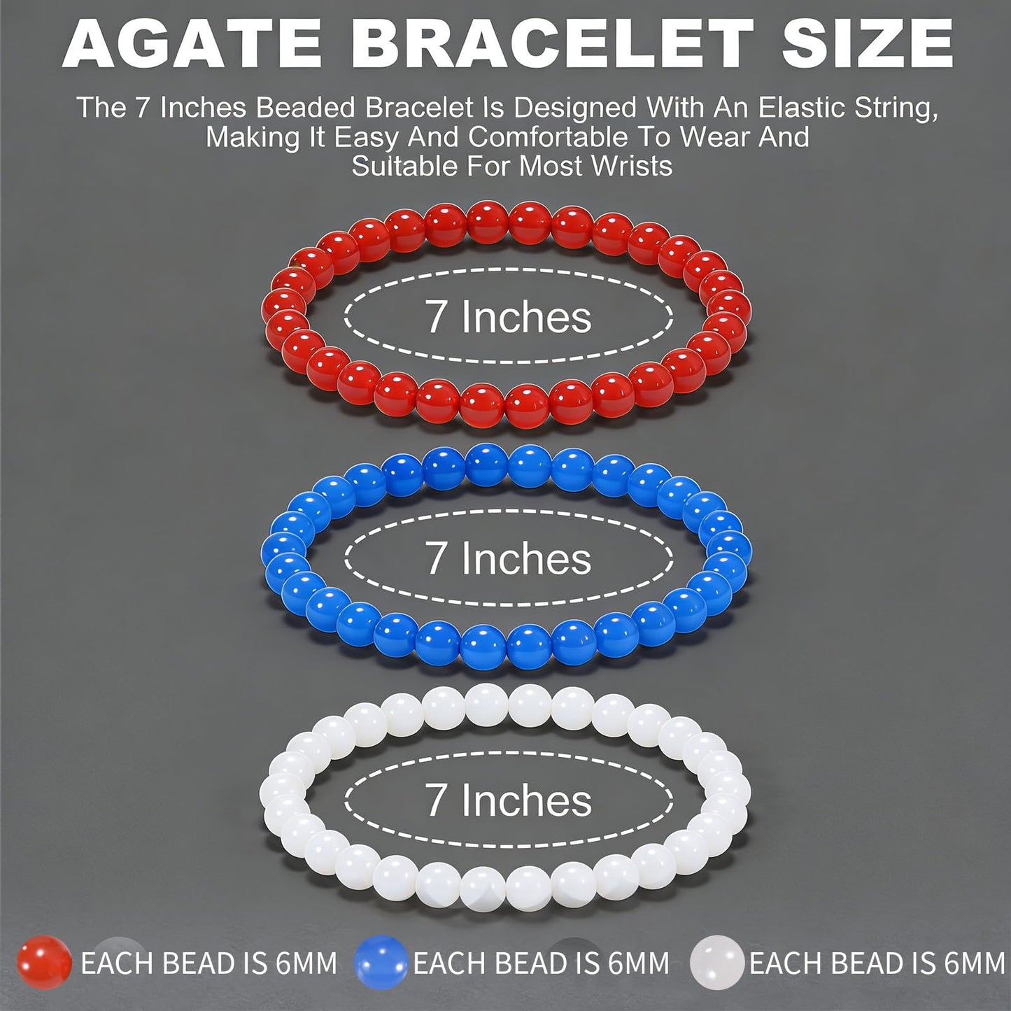 Aluckiss 6mm 3PCS Agate Bracelet for Women Men Natural Round Beaded Agates Stone Healing Stretch Bracelets Elastic Handmade Polished Gemstone Beads Bracelet Red+ Blue+White 3 Colors