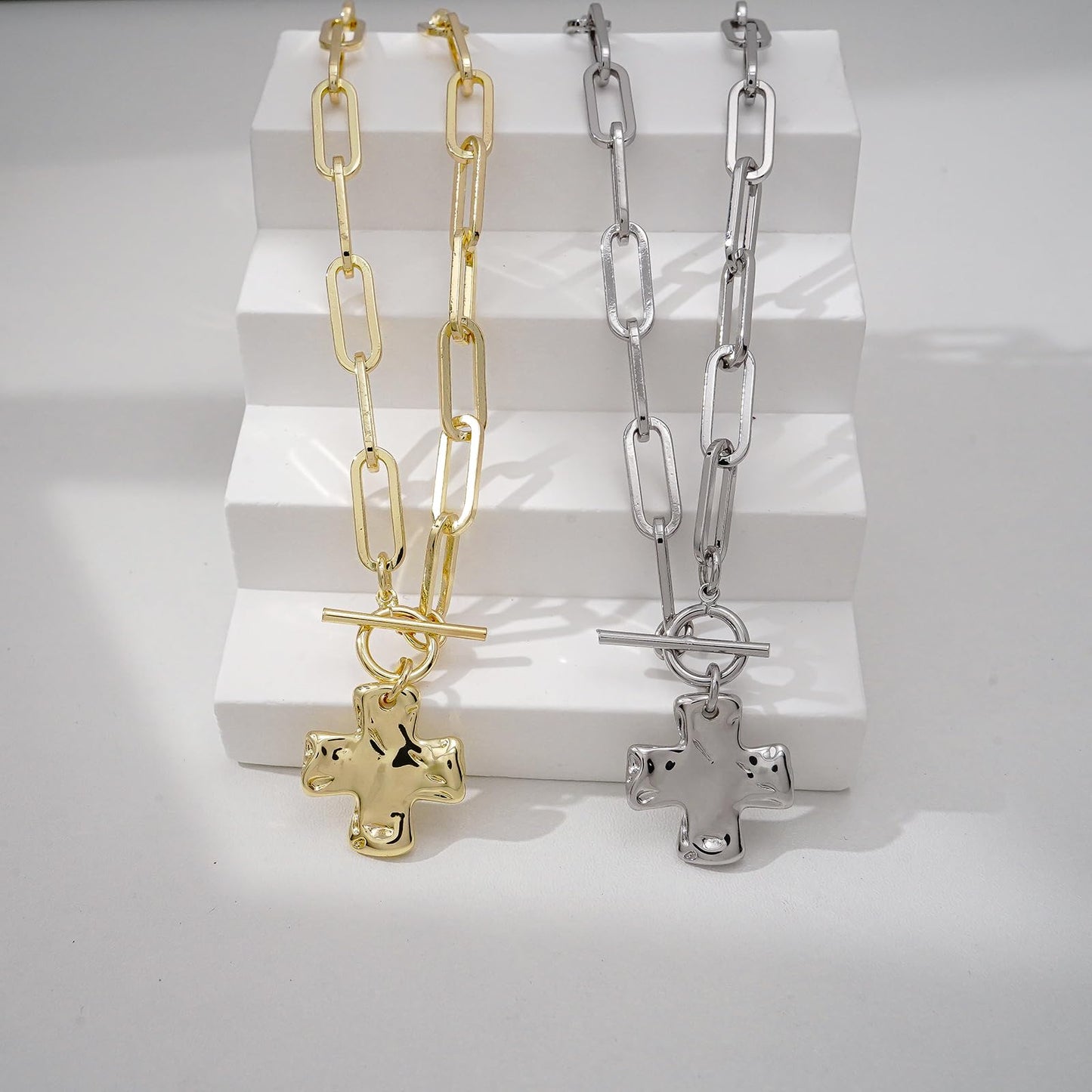 Bheop Chunky Cross Necklace for Women Trendy 14K Real Gold Plated Statement Cross Pendant Charm Necklace Toggle Clasp Long Big Paperclip Faith Chain Costume Jewelry Gift Non Tarnish 2CM