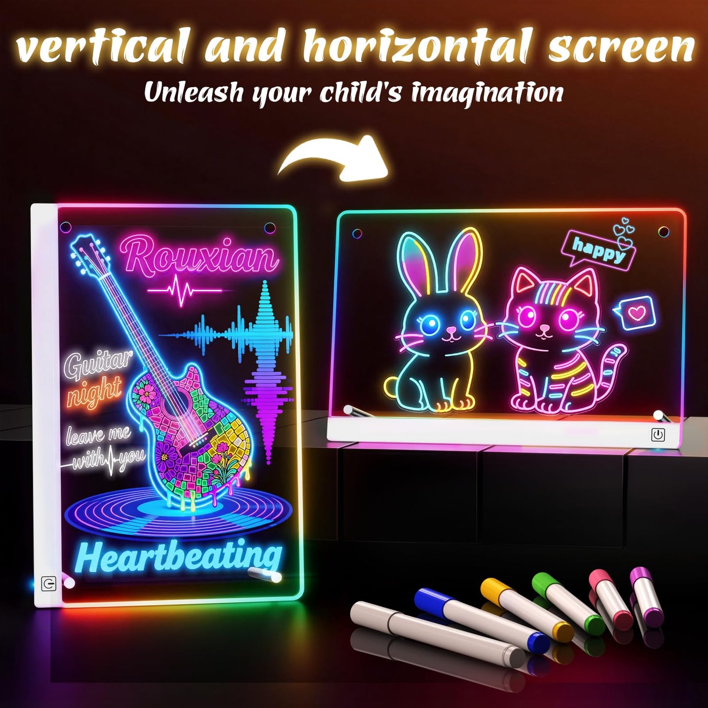 14'' LED Drawing Board for Kids with 7 Colors & 3 Modes, Neon Art Light Up drawing board with Battery Case, Doodle Magic lumiboard Writing Tablet, Birthday Christmas New Year Gifts Toys for Girls Boys