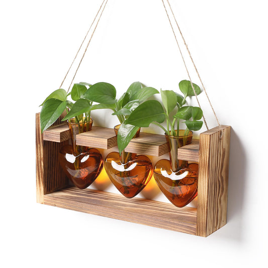 Plant Terrarium Propagation Stations Hydroponics Home Garden Decoration Gift for Women with Wooden Stand Heart Shaped Colored Glass Vase