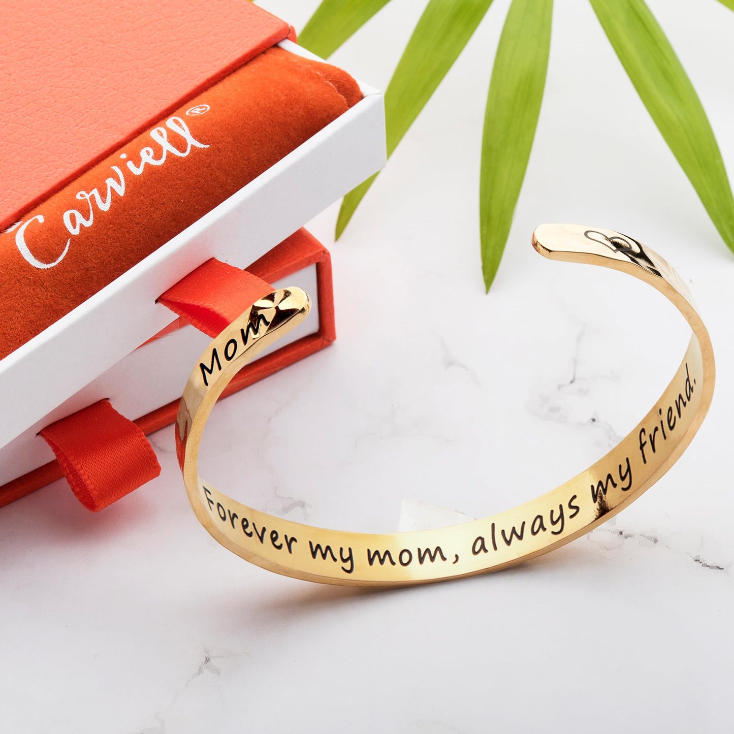 Carviell Gold Bracelet for Mom – “Forever My Mom, Always My Friend” Engraved Cuff, Mother Gift from Daughter or Son, Stainless Steel Jewelry, Meaningful Birthday, Christmas, or Mother’s Day Present