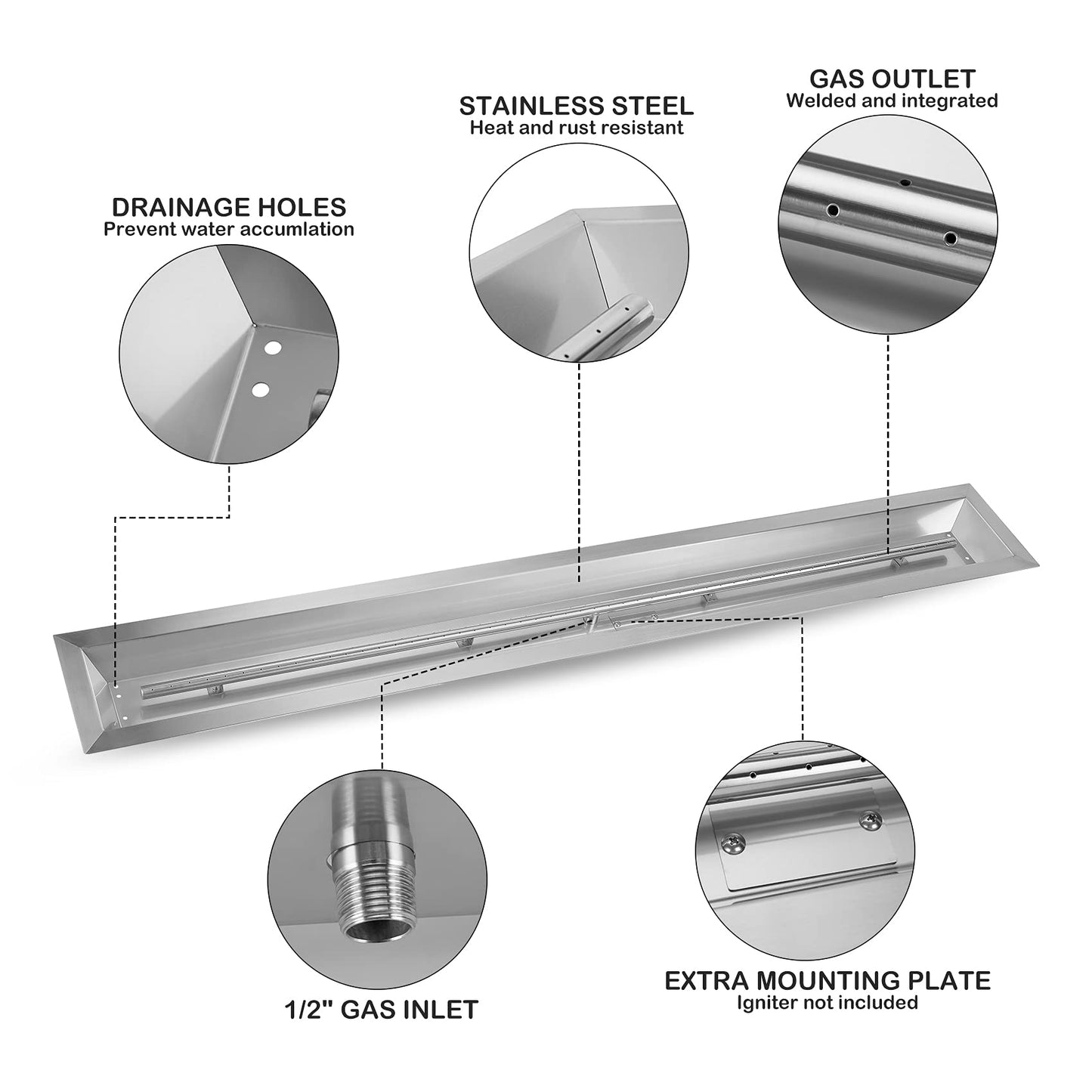 Stanbroil 72 by 6-Inch Linear Gas Fire Pit Burner, Stainless Steel Fire Pit Pan, Natural & Propane Gas Firepit for Outside DIY Firepit, BTU 175,000 Max