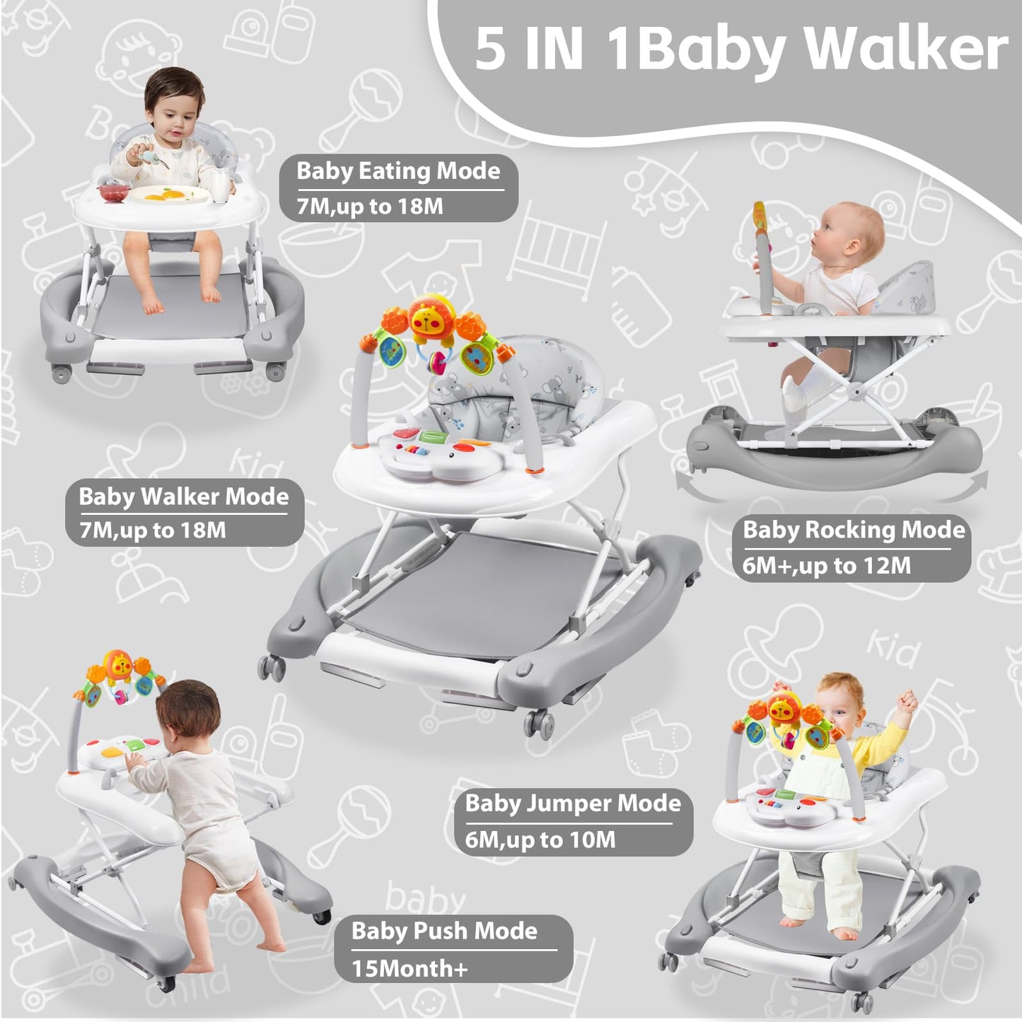 RefoereBabe Baby Walker, 5 in 1 Baby Walkers for Boys Girls 6-12 Months, Foldable Walkers for Babies with Bouncer & Feeding Tray, Music, Adjustable Heights, Activity Walker for Infant