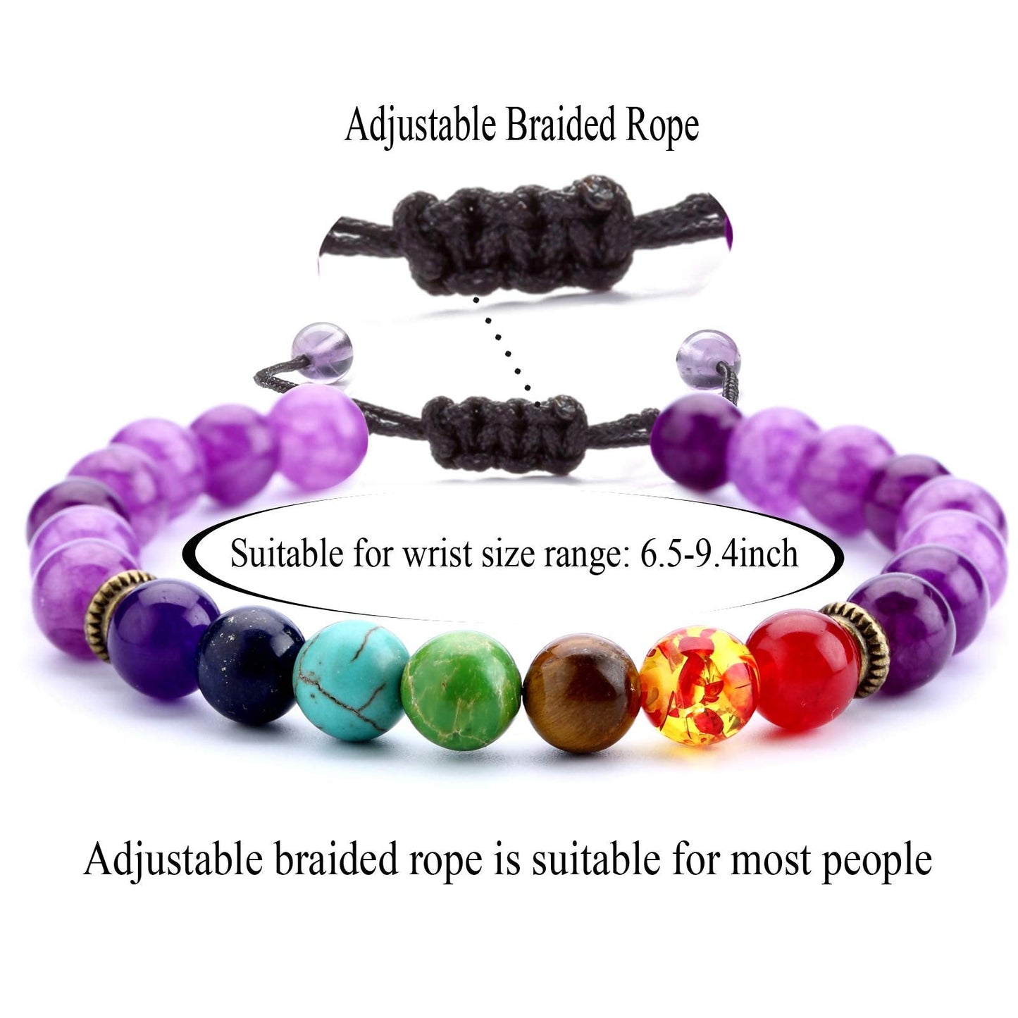 Hamoery 8mm Lava Rock 7 Chakras Beads Bracelet Gifts Braided Rope Natural Stone Yoga Bracelet Bangle (Amethyst Bead)