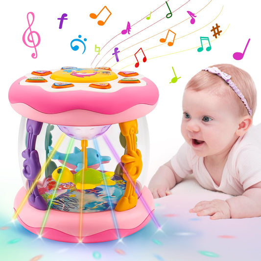 Baby Musical Light Up Toys Tummy Time Ocean Projector Rotating Infant 1 Year Old Toy Baby Aquarium Crawling Pink Toys Babies Girls 1 2 Year Old Birthday Newborn Gifts