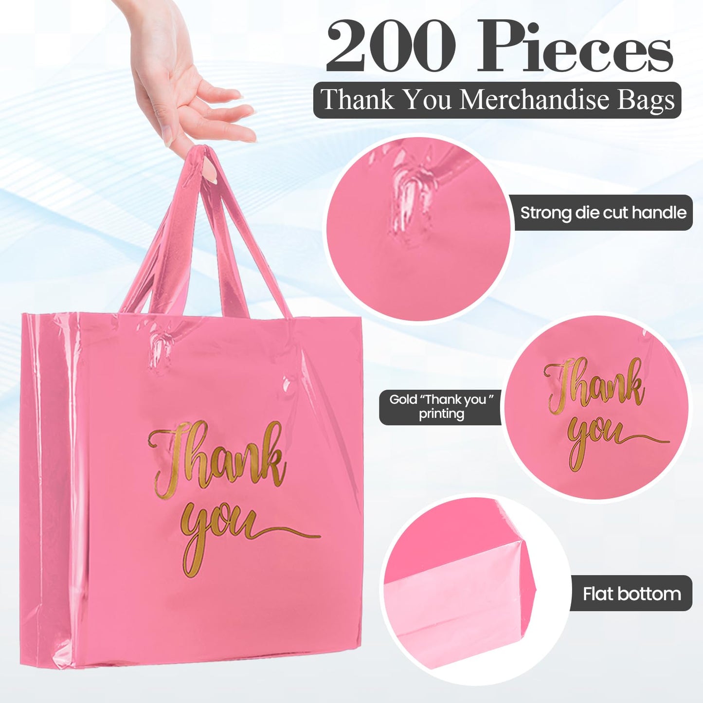Teling 200 Pcs Thanks Bags with Handle Bulk Thank You Merchandise Bags 3 Size Plastic Packet Retail Shopping Package for Boutique 9 x 12'', 12 x 15'', 15 x 18'' (Pink, Green, Yellow)